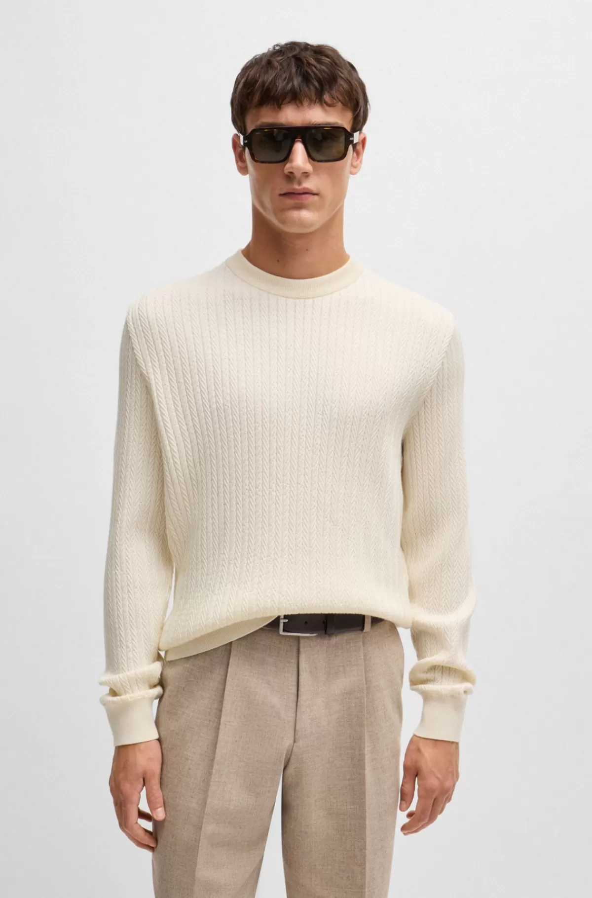 HUGO BOSS Strikket Sweater I Uldblanding Med Sildebensstruktur Naturlig Store
