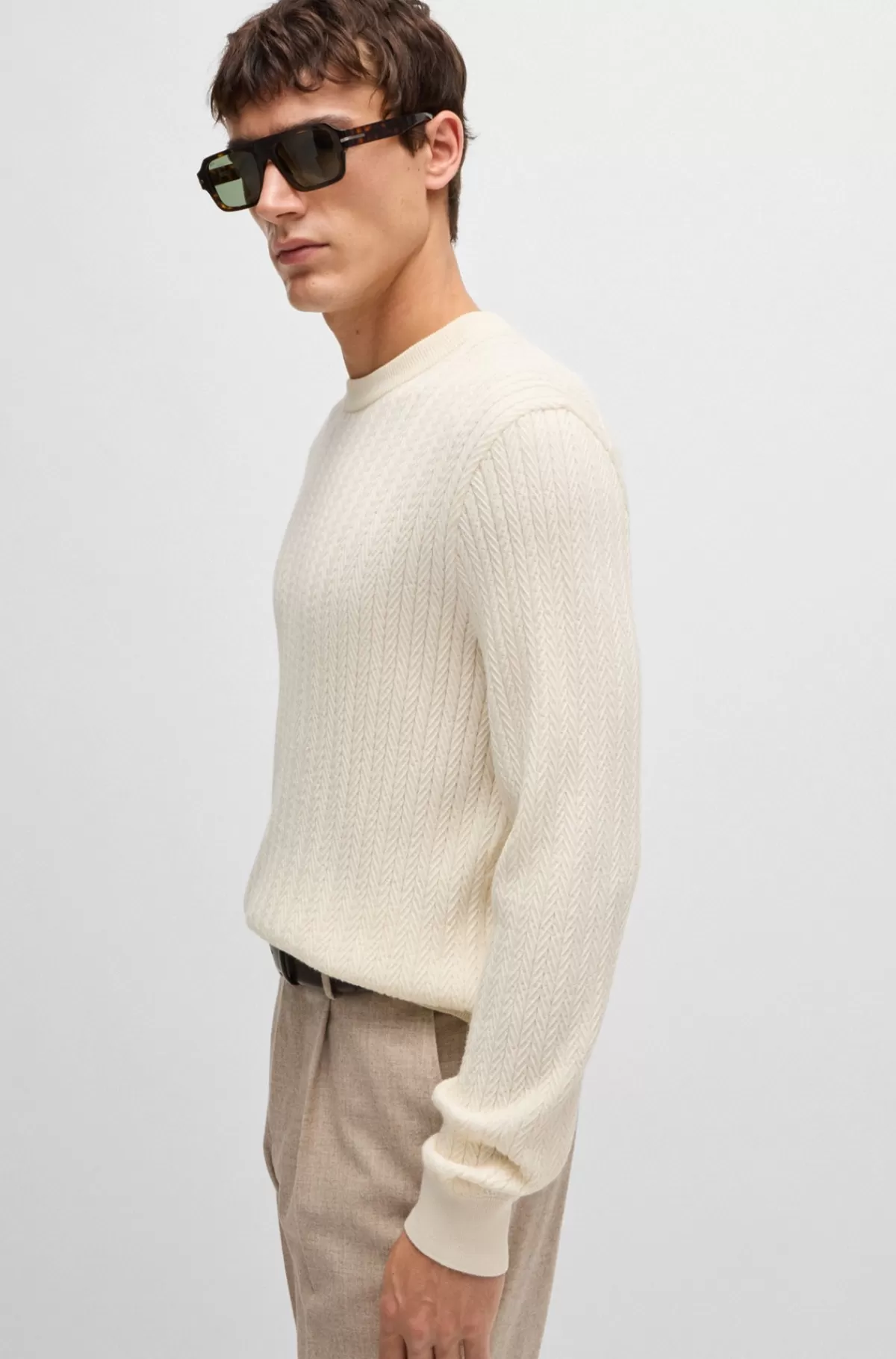 HUGO BOSS Strikket Sweater I Uldblanding Med Sildebensstruktur Naturlig Store