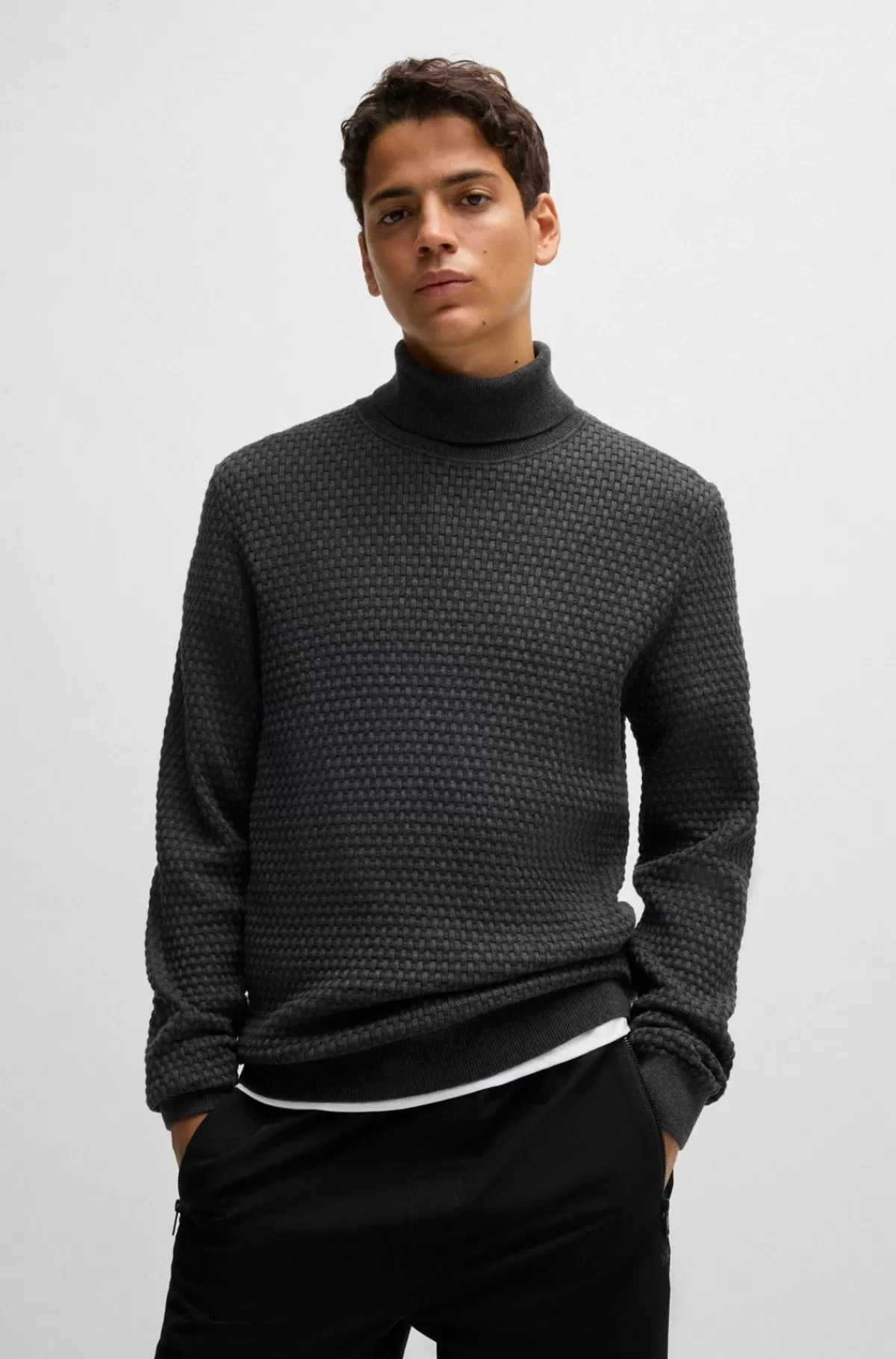 HUGO BOSS Strukturstrikket Rullekravesweater I Bomuld Mørkegrå Cheap