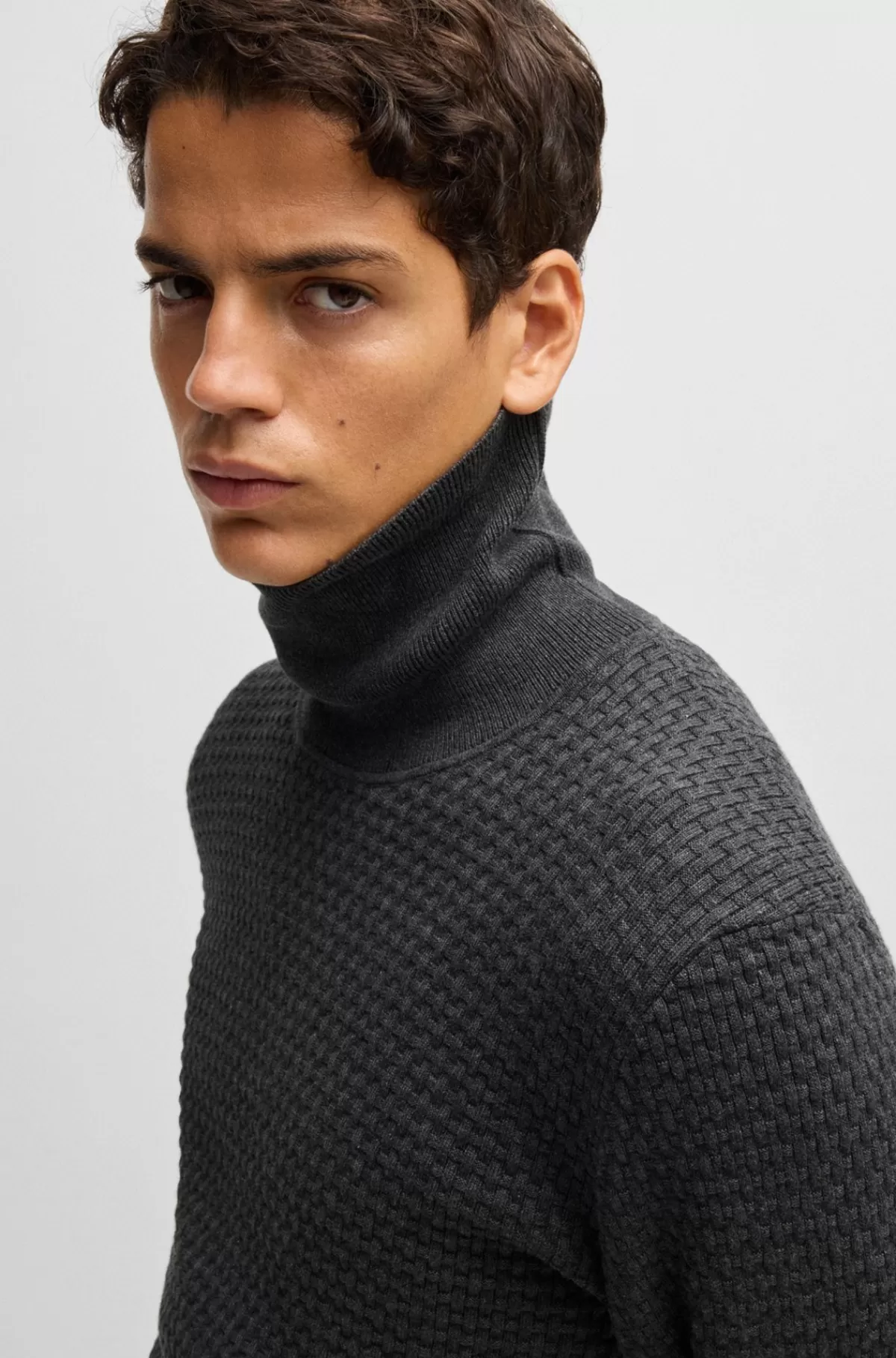 HUGO BOSS Strukturstrikket Rullekravesweater I Bomuld Mørkegrå Cheap