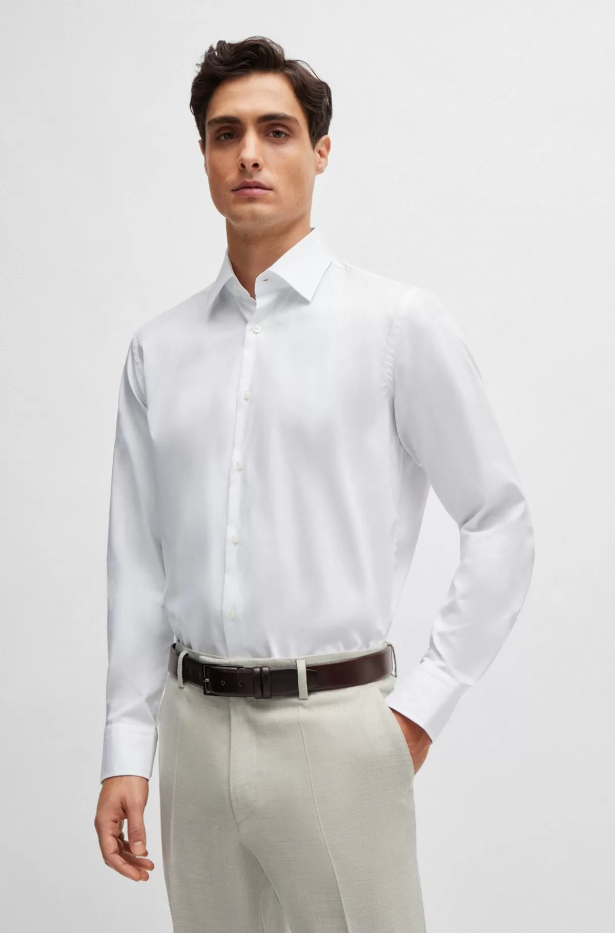 HUGO BOSS Strygelet Skjorte I Slank Pasform I Bomuldspoplin Hvid Clearance