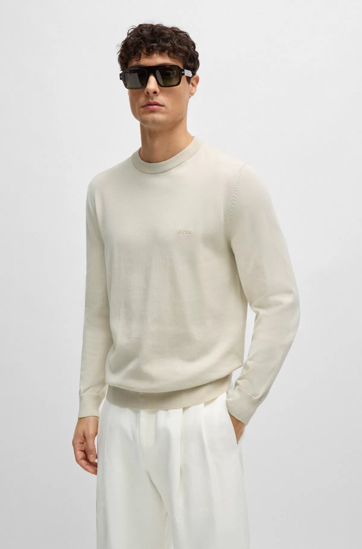 HUGO BOSS Sweater Af Bomuld Med Broderet Logo Naturlig Store