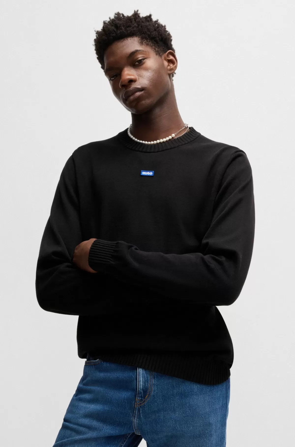 HUGO BOSS Sweater Af Strikket Bomuld Med Blåt Logomærke Sort Hot