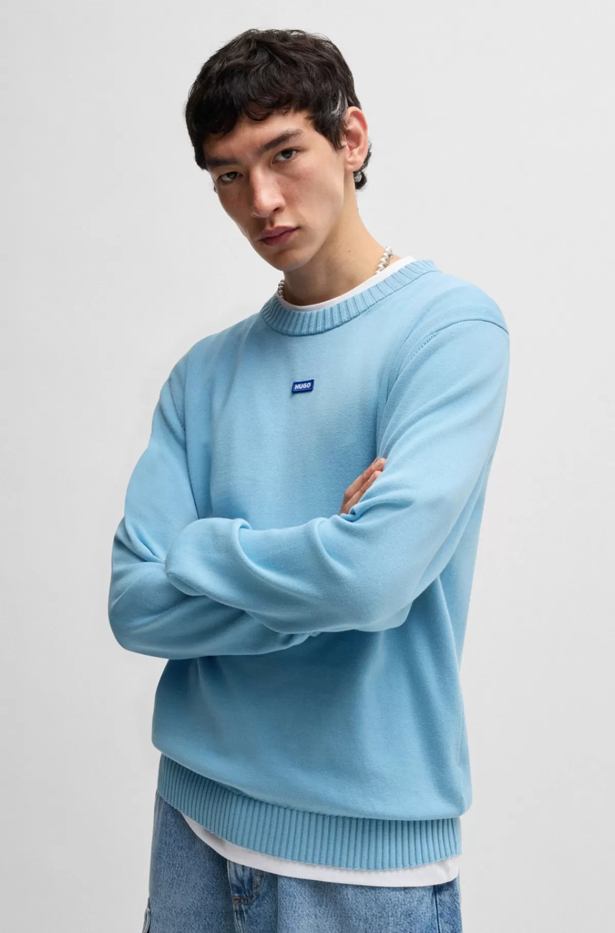 HUGO BOSS Sweater Af Strikket Bomuld Med Blåt Logomærke Lyseblå Flash Sale