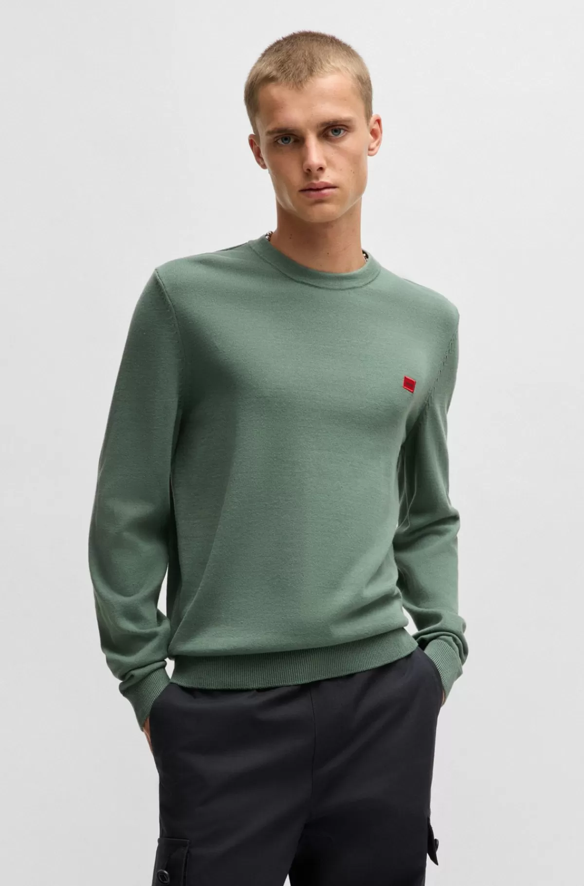 HUGO BOSS Sweater Af Strikket Bomuld Med Rødt Logomærke Grøn Best