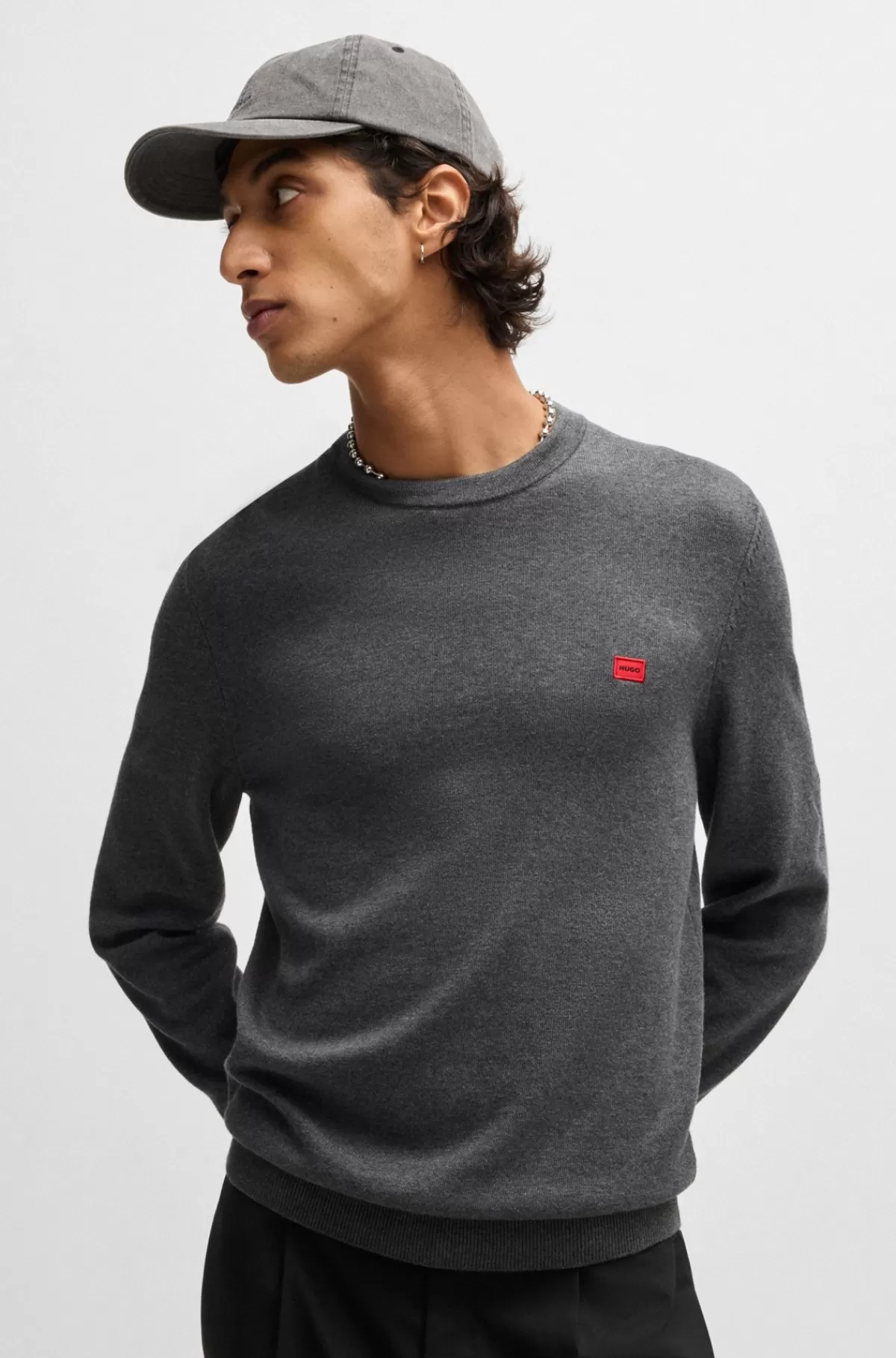 HUGO BOSS Sweater Af Strikket Bomuld Med Rødt Logomærke Mørkegrå New