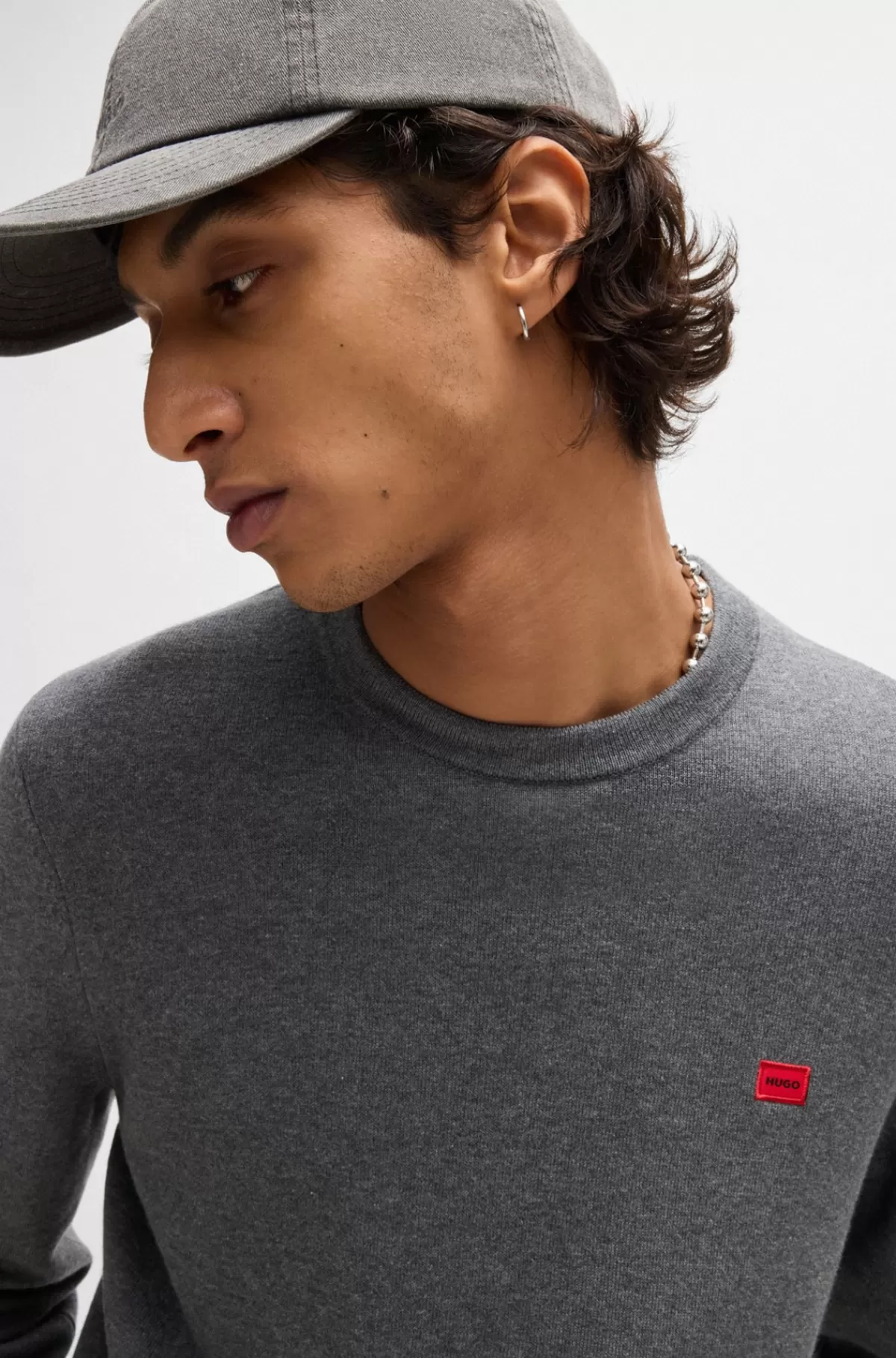 HUGO BOSS Sweater Af Strikket Bomuld Med Rødt Logomærke Mørkegrå New
