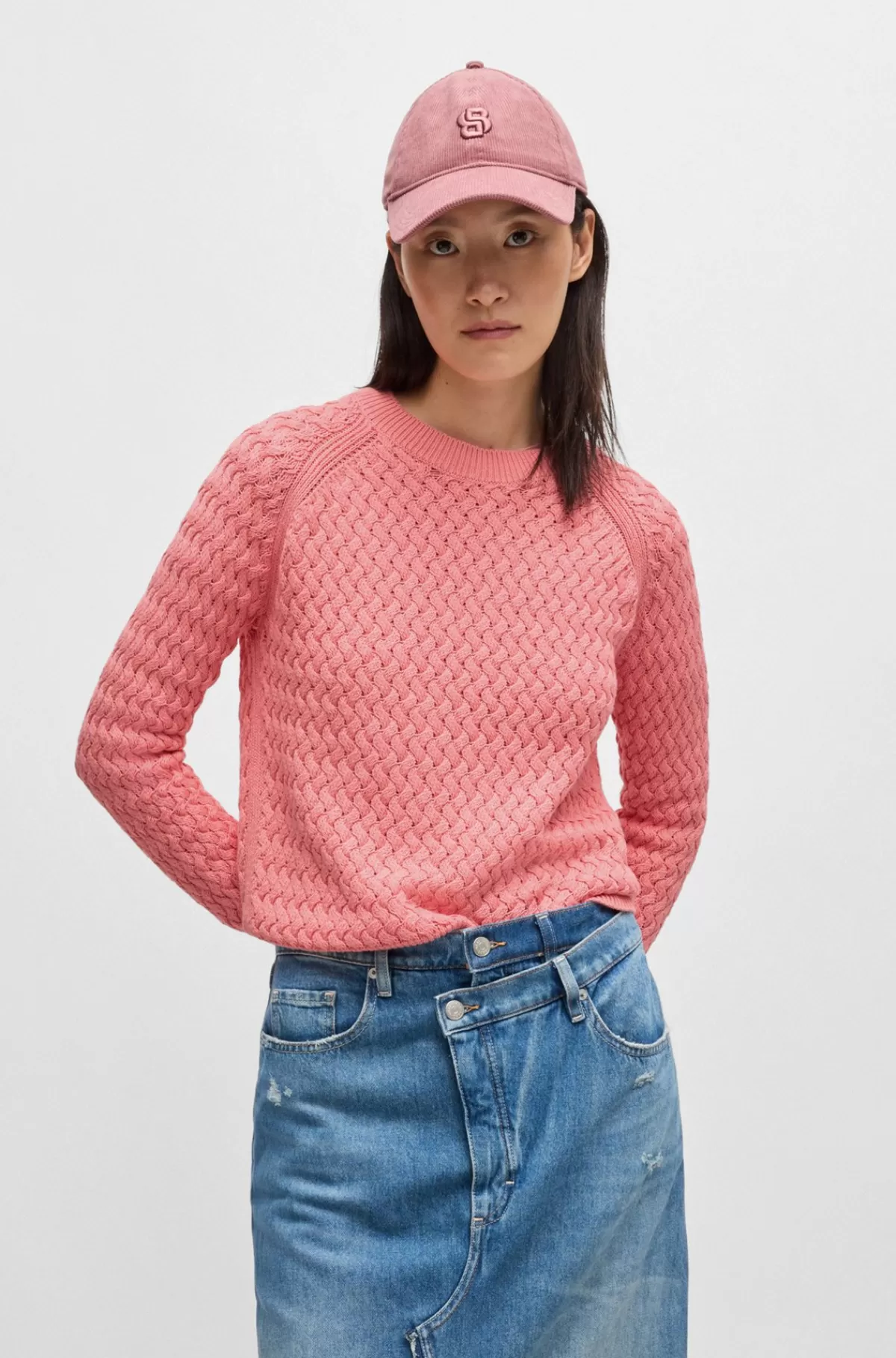 HUGO BOSS Sweater I Bomuld Med Forskellige Strukturer Koralfarvet Best
