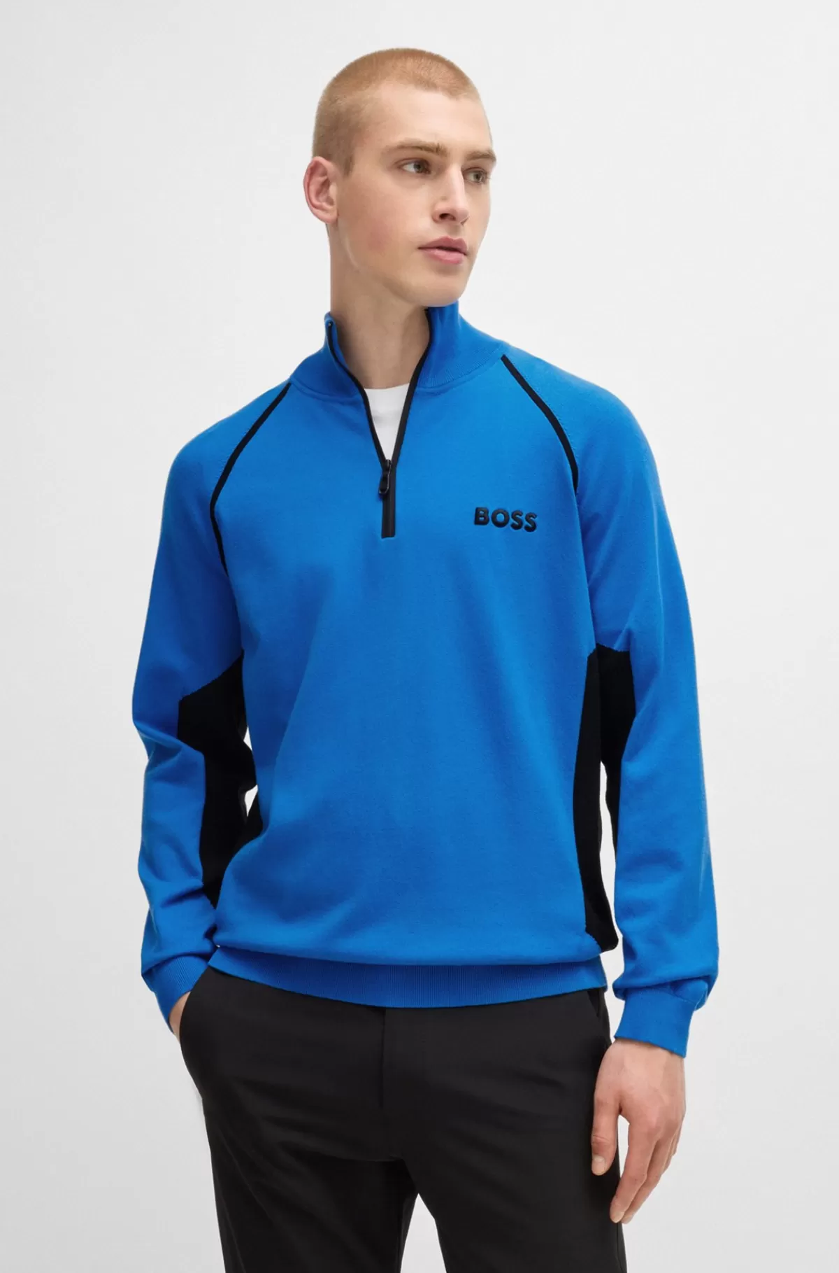 HUGO BOSS Sweater I Bomuldsblanding Med Colour Blocking Og Logo Blå Outlet