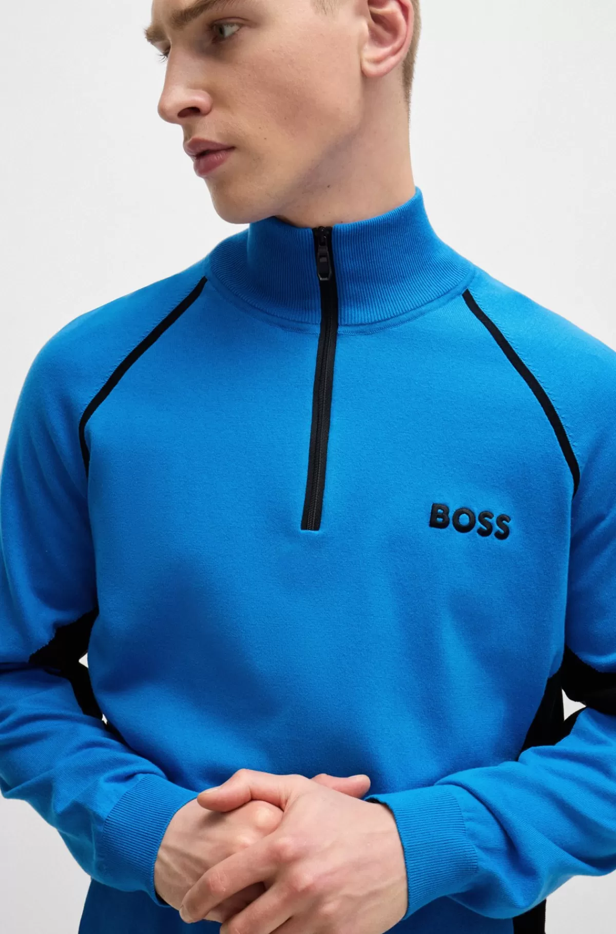 HUGO BOSS Sweater I Bomuldsblanding Med Colour Blocking Og Logo Blå Outlet