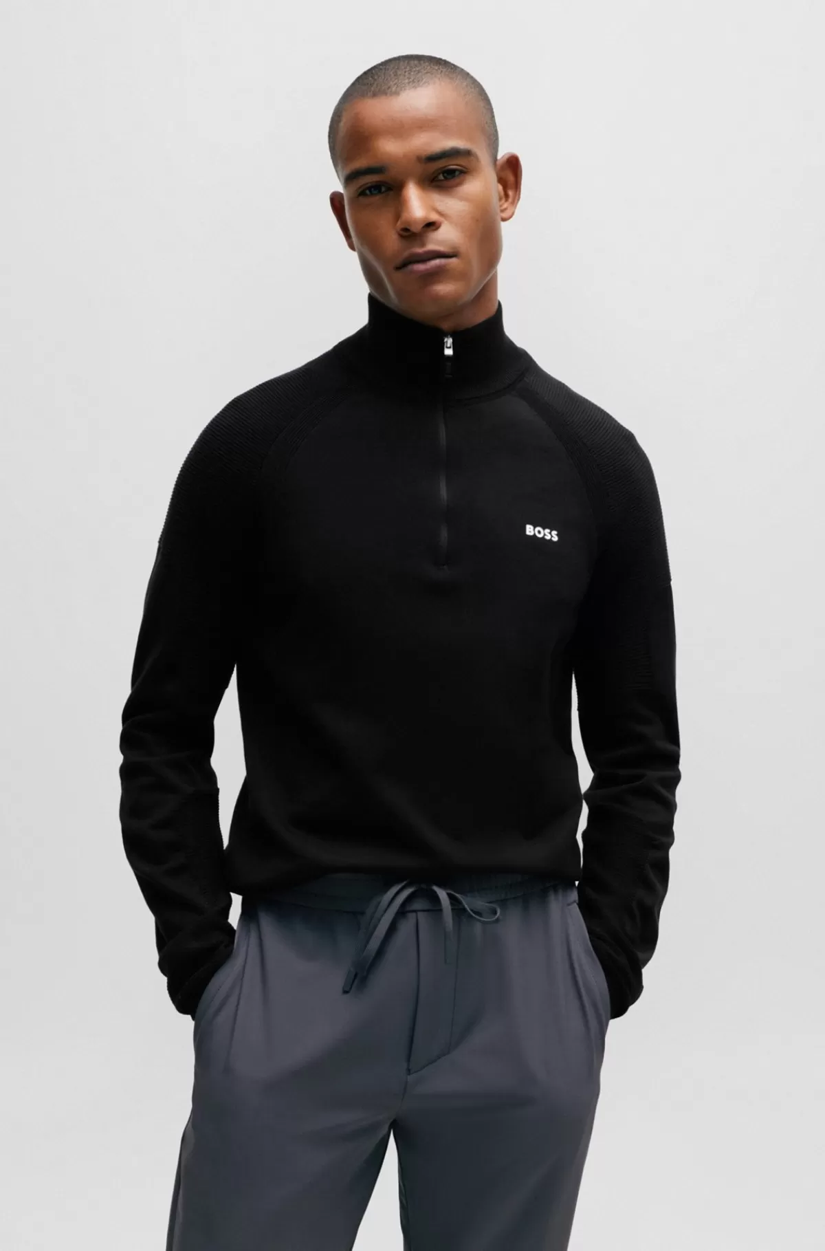 HUGO BOSS Sweater I Bomuldsblanding Med Lynlås I Halsen Og Logodetalje Sort Sale