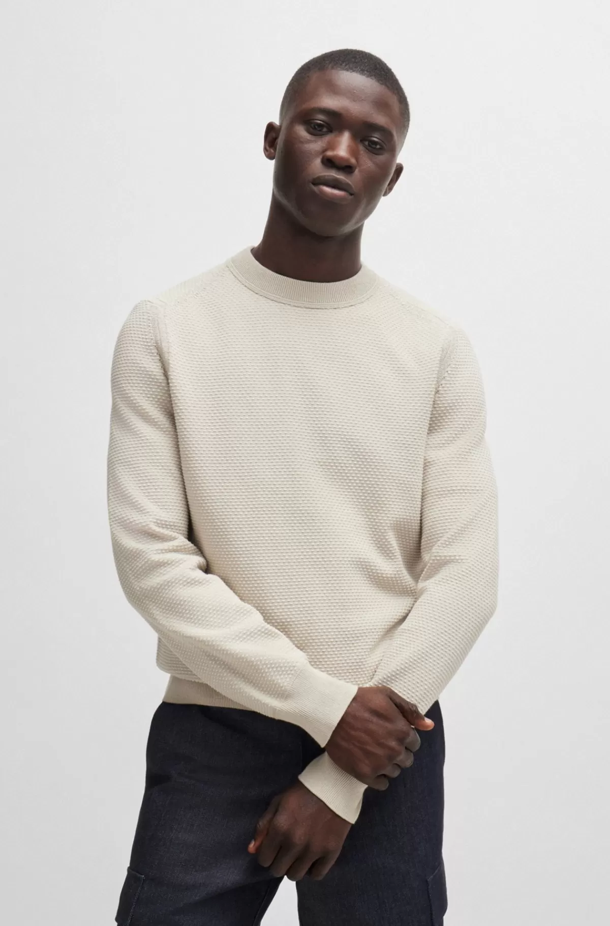 HUGO BOSS Sweater I Bomuldsblanding Med Tofarvet Struktur Naturlig Best