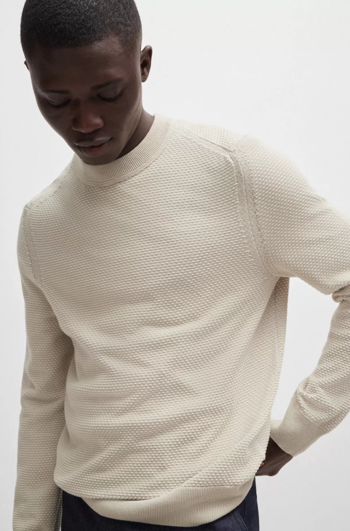 HUGO BOSS Sweater I Bomuldsblanding Med Tofarvet Struktur Naturlig Best