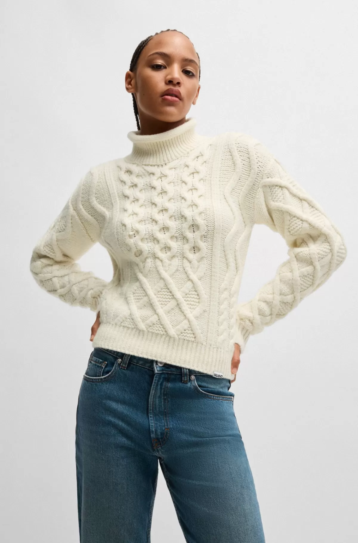 HUGO BOSS Sweater I Kabelstrik Med Regular Fit Og Høj Hals Naturlig Discount