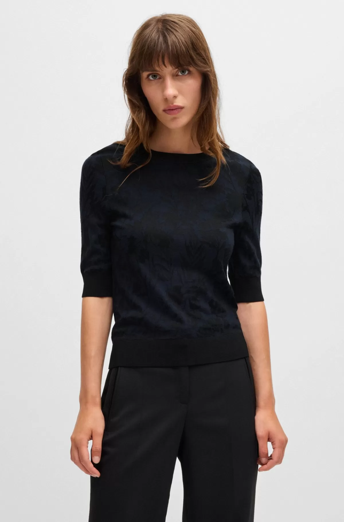 HUGO BOSS Sweater I Merinouldblanding Med Strikket Mønster Sort/blå Cheap