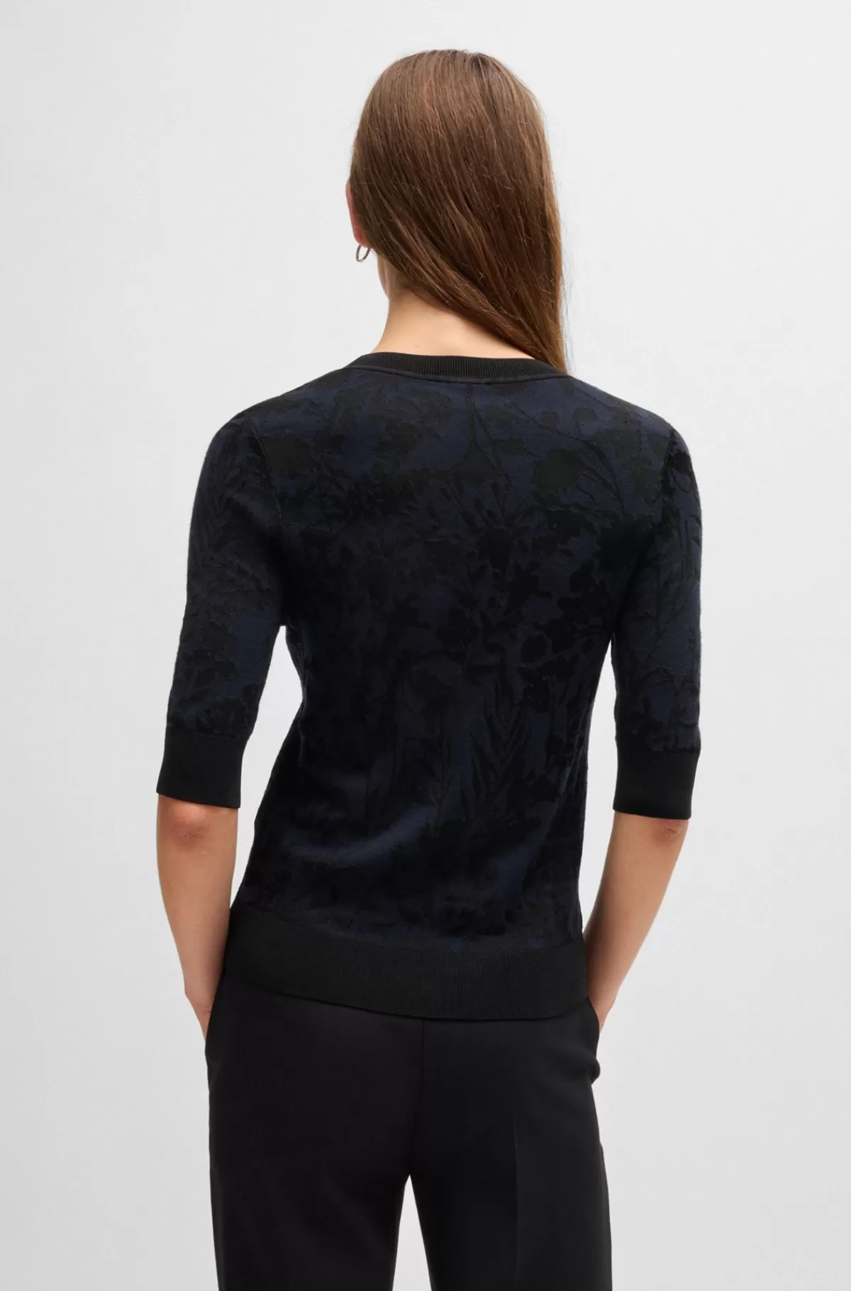 HUGO BOSS Sweater I Merinouldblanding Med Strikket Mønster Sort/blå Cheap