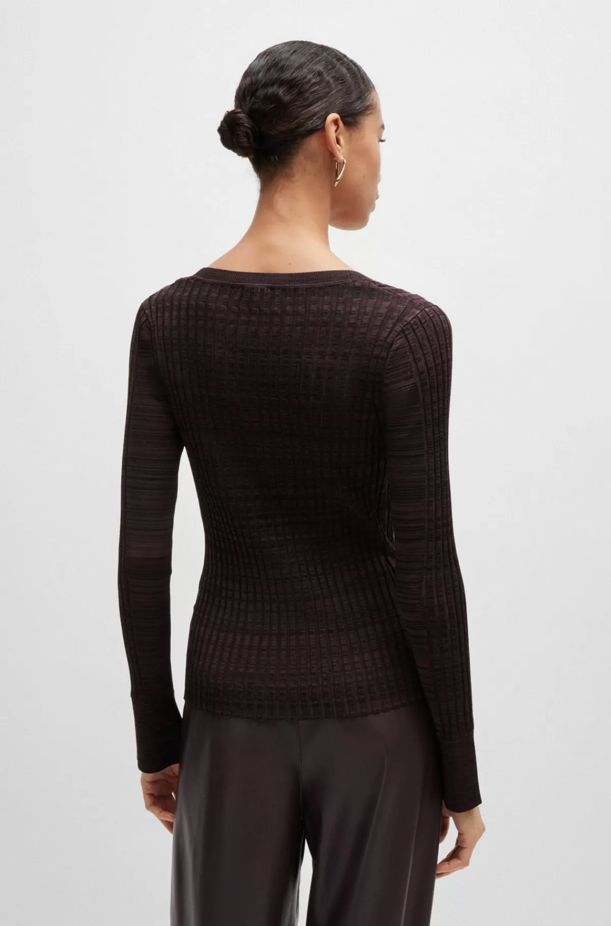 HUGO BOSS Sweater I Ribbet Stof Med Stræk Og Bådudskæring Mørkebrun Sale