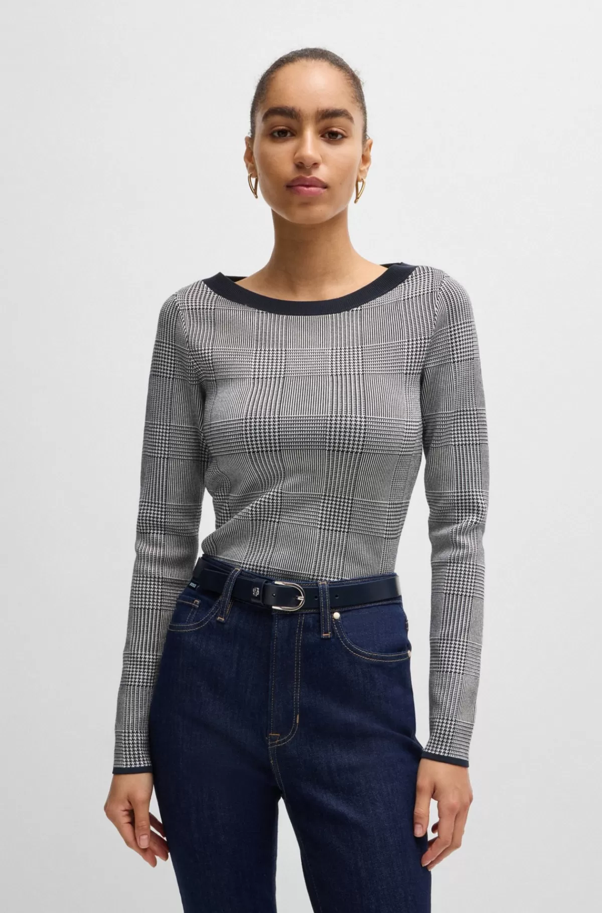 HUGO BOSS Sweater Med Bred Hals I Jacquard Med Stræk Grå mønstret Store