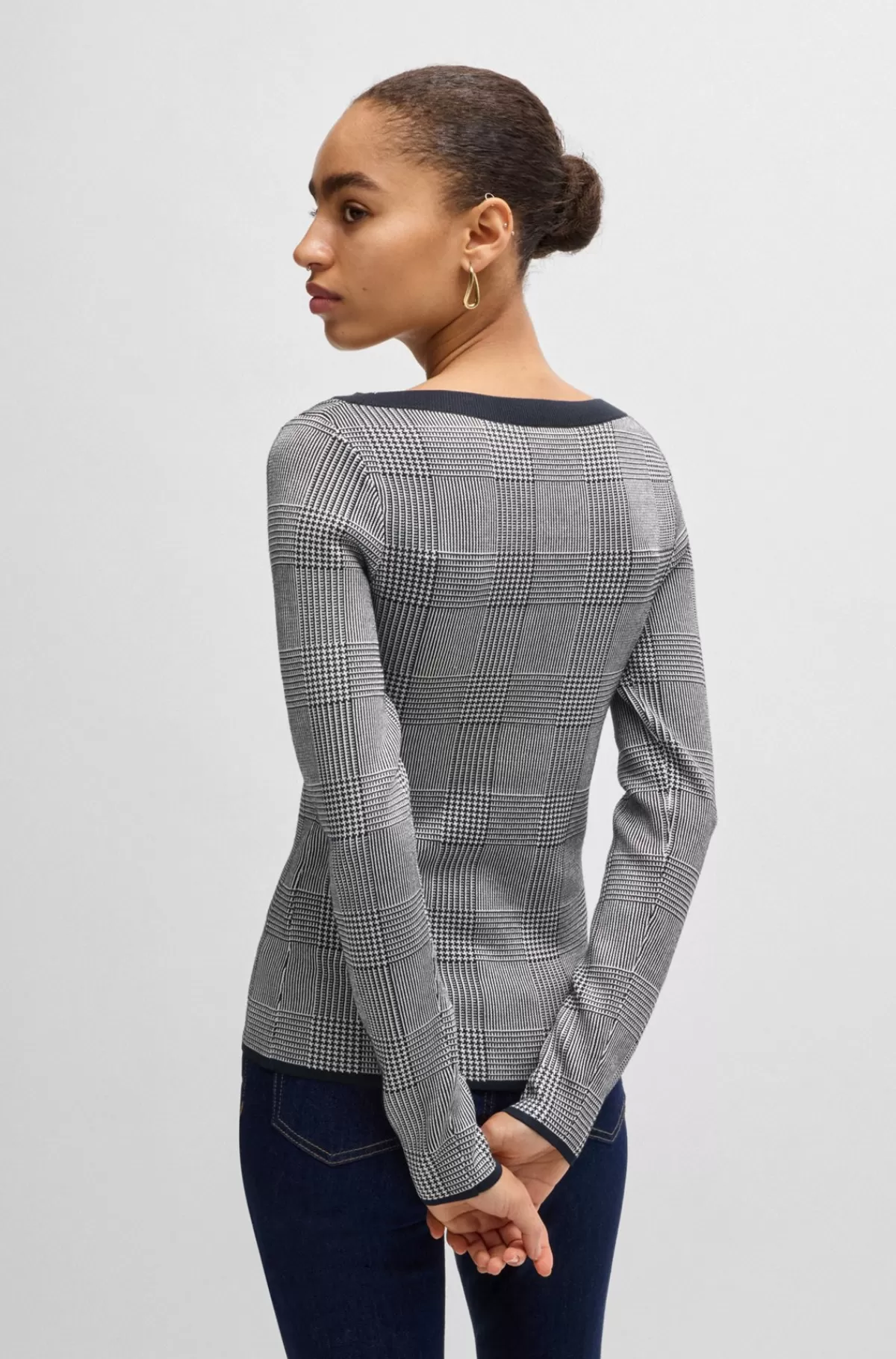HUGO BOSS Sweater Med Bred Hals I Jacquard Med Stræk Grå mønstret Store