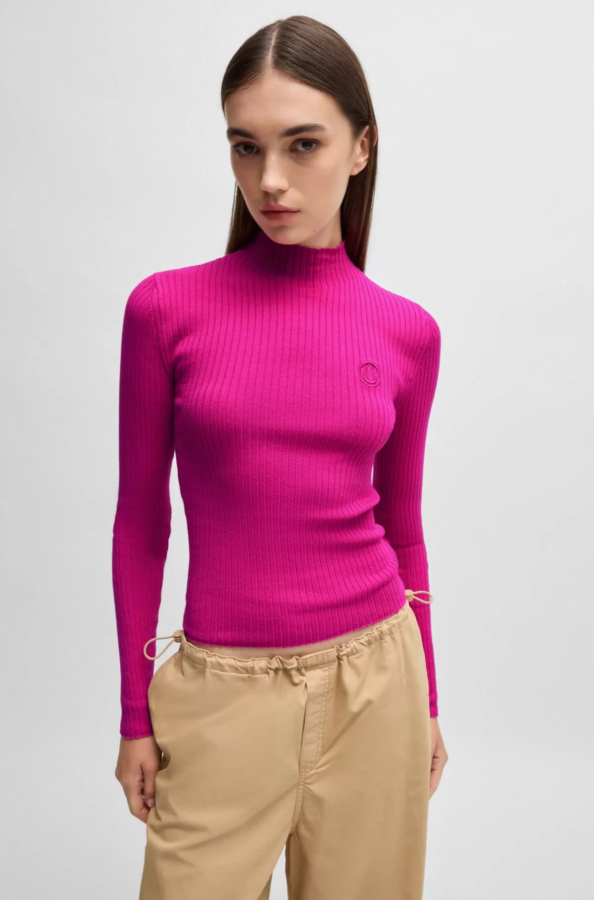 HUGO BOSS Sweater Med Høj Hals Og Broderet Happy HUGO Logo Pink Best
