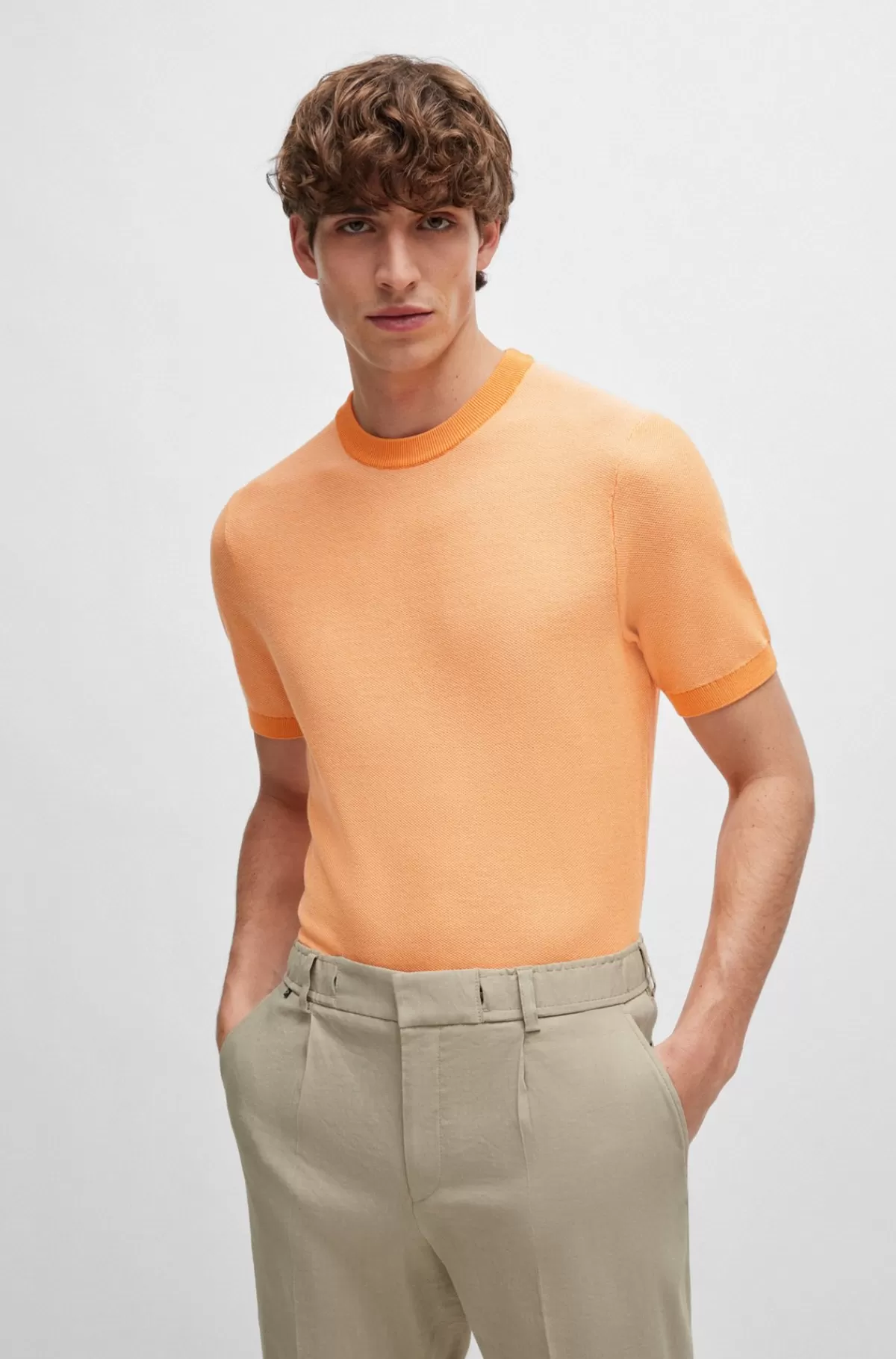 HUGO BOSS Sweater Med Korte ærmer I Bomuldsblanding Med Mikrostruktur Orange Fashion
