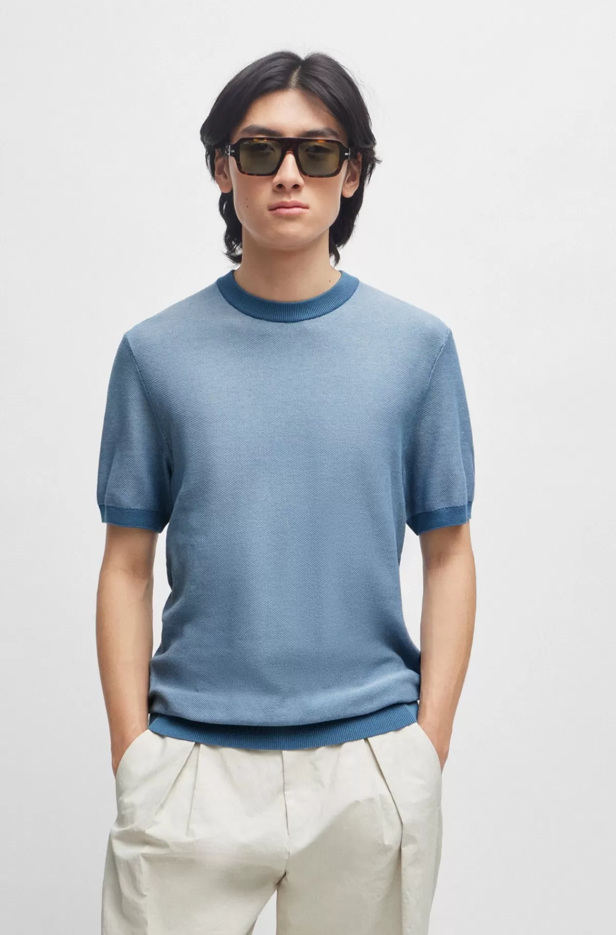 HUGO BOSS Sweater Med Korte ærmer I Bomuldsblanding Med Mikrostruktur Lyseblå Best