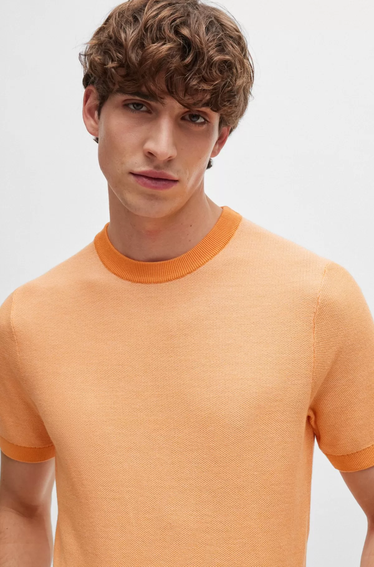 HUGO BOSS Sweater Med Korte ærmer I Bomuldsblanding Med Mikrostruktur Orange Fashion