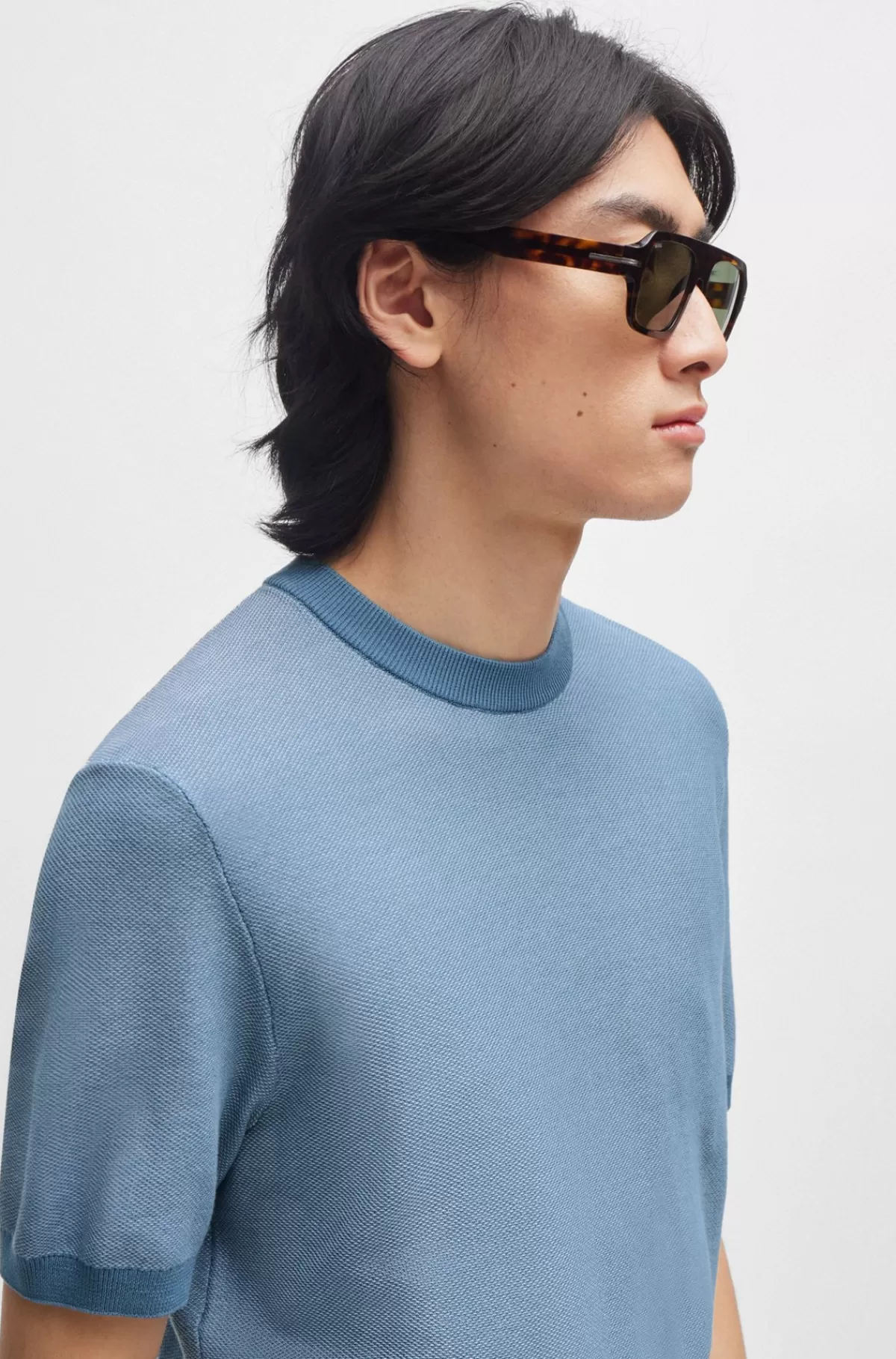 HUGO BOSS Sweater Med Korte ærmer I Bomuldsblanding Med Mikrostruktur Lyseblå Best