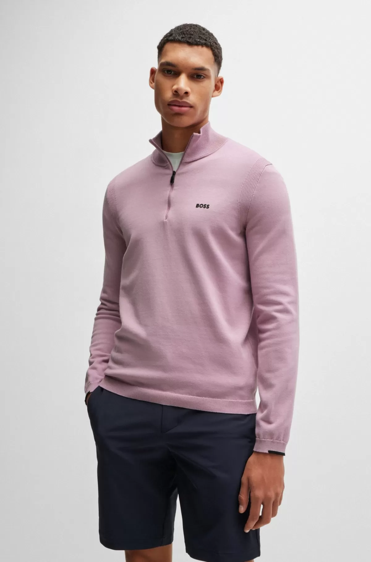HUGO BOSS Sweater Med Lynlås I Halsen I Bomuldsblanding Med Logoprint Lys pink Hot