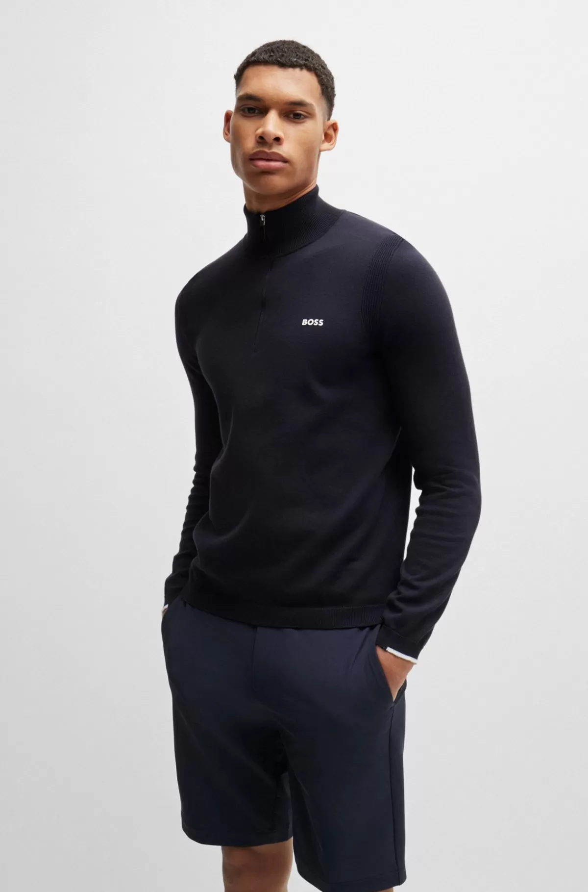 HUGO BOSS Sweater Med Lynlås I Halsen I Bomuldsblanding Med Logoprint Mørkeblå Best
