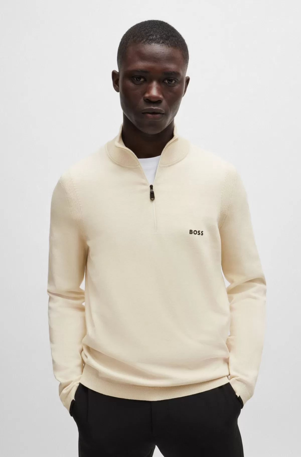 HUGO BOSS Sweater Med Lynlås I Halsen I Bomuldsblanding Med Logoprint Naturlig Discount
