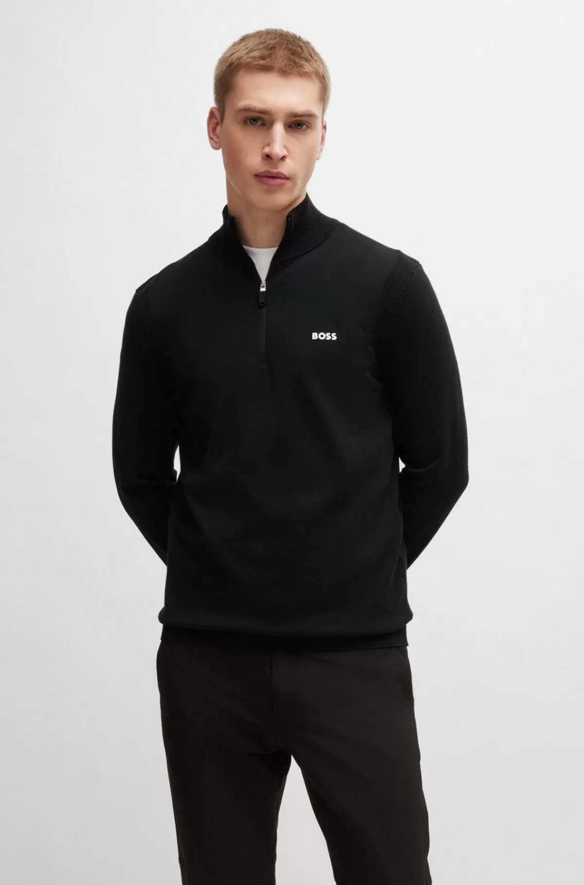 HUGO BOSS Sweater Med Lynlås I Halsen I Bomuldsblanding Med Logoprint Sort Online