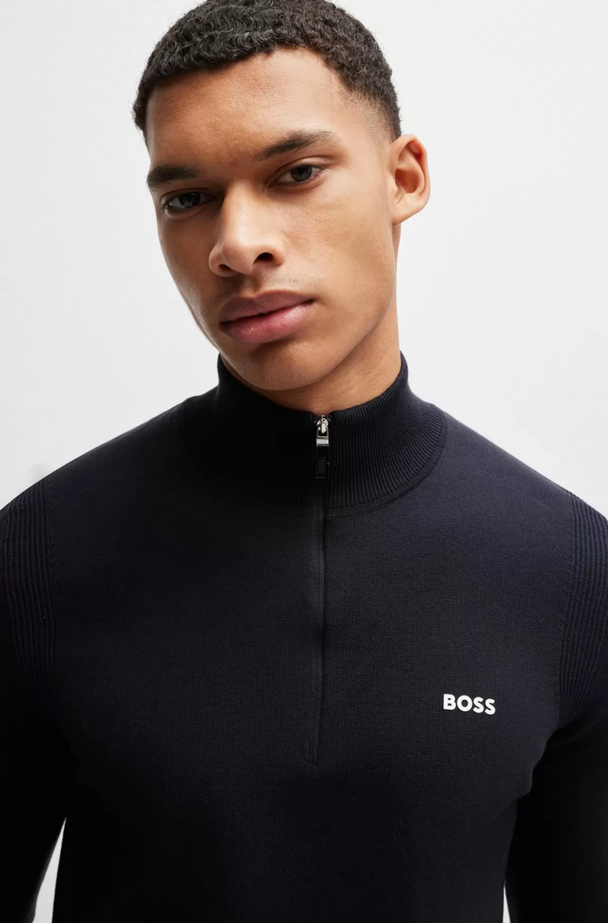 HUGO BOSS Sweater Med Lynlås I Halsen I Bomuldsblanding Med Logoprint Mørkeblå Best