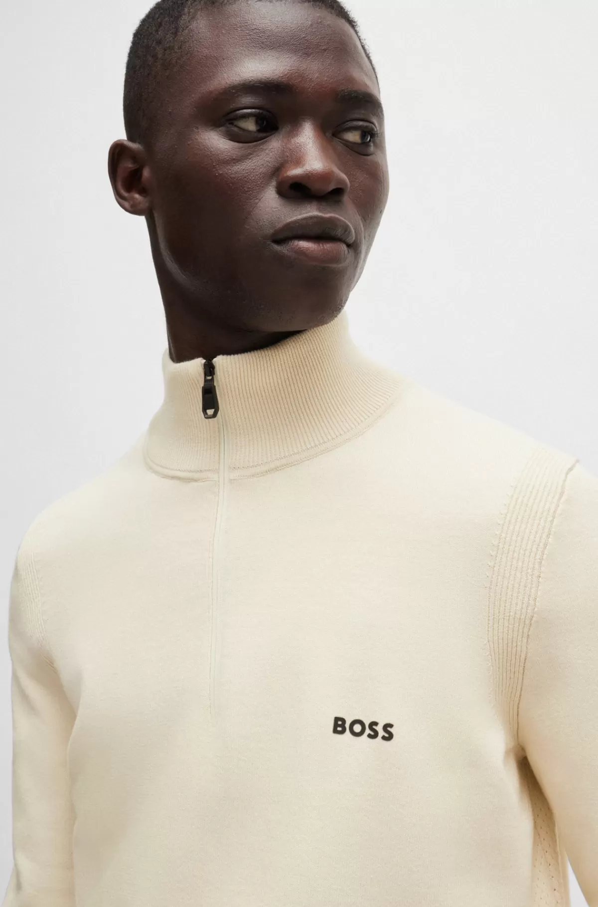 HUGO BOSS Sweater Med Lynlås I Halsen I Bomuldsblanding Med Logoprint Naturlig Discount