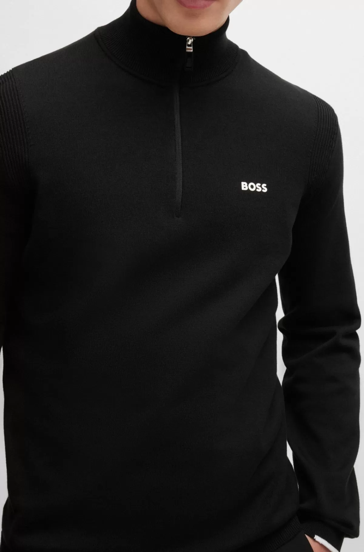 HUGO BOSS Sweater Med Lynlås I Halsen I Bomuldsblanding Med Logoprint Sort Online