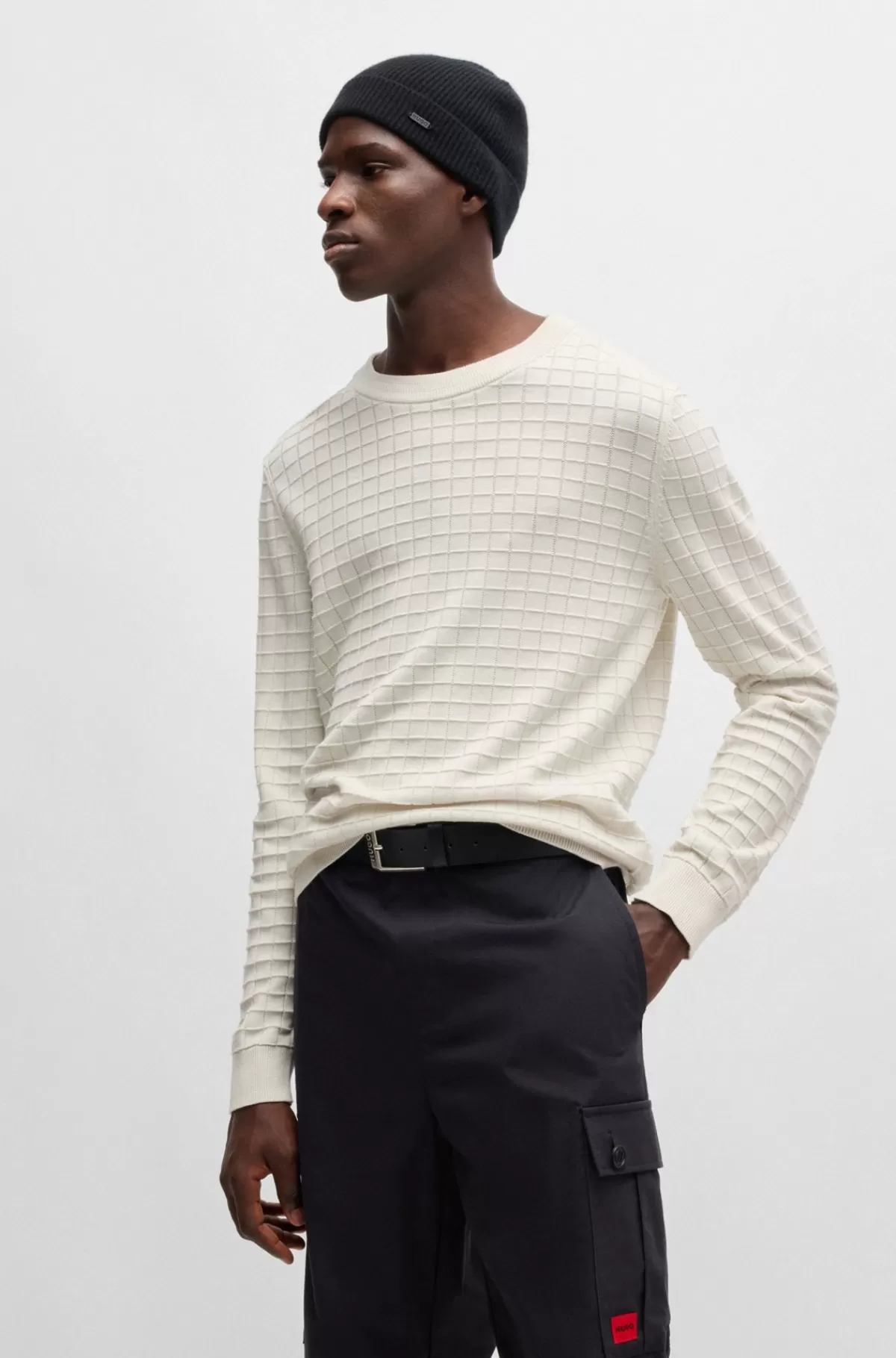 HUGO BOSS Sweater Med Regular Fit I Bomuld Og Gittermønster Naturlig Hot
