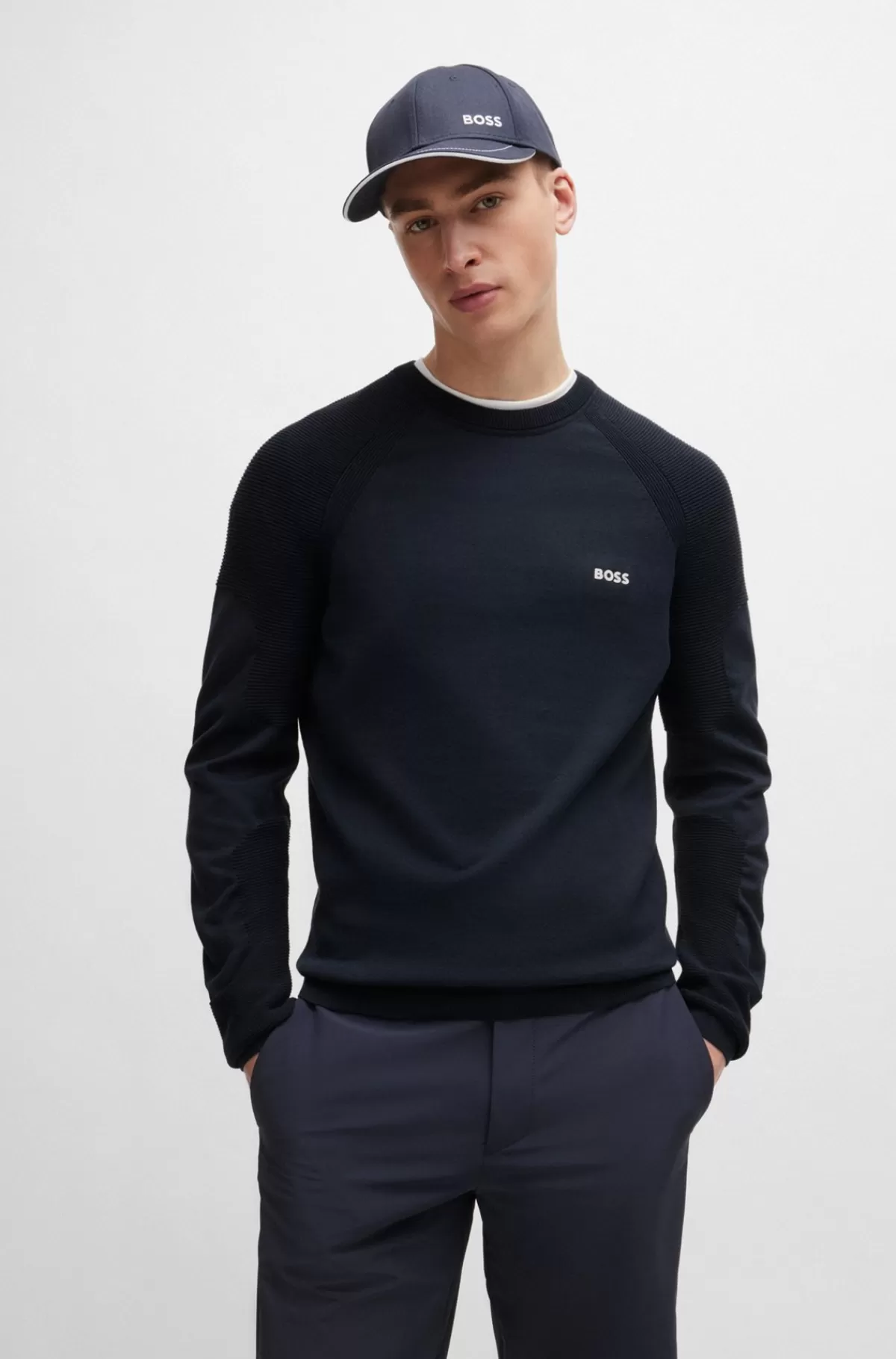 HUGO BOSS Sweater Med Regular Fit I Bomuldsblanding Med Logodetalje Mørkeblå Flash Sale