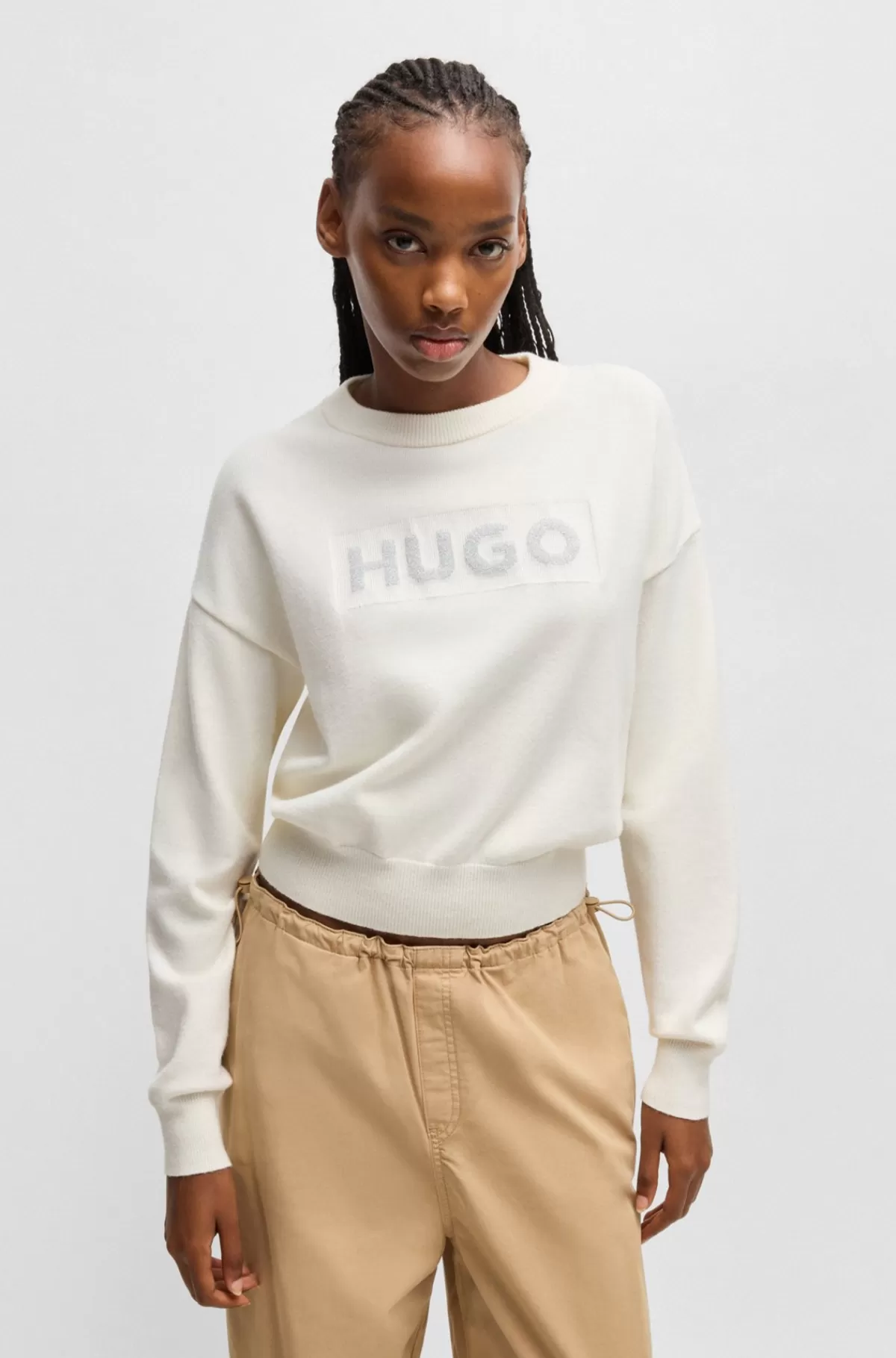 HUGO BOSS Sweater Med Relaxed Fit Og Crew Neck Samt Glitterlogo Naturlig Fashion