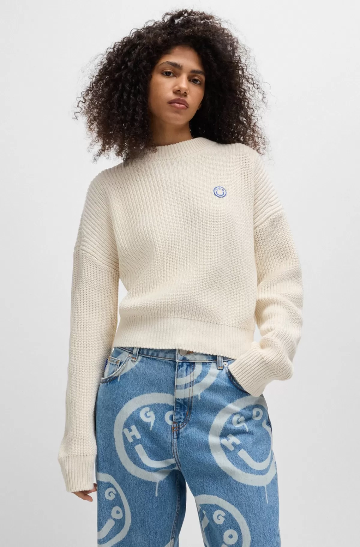 HUGO BOSS Sweater Med Relaxed Fit Og Happy HUGO Logo Naturlig Hot