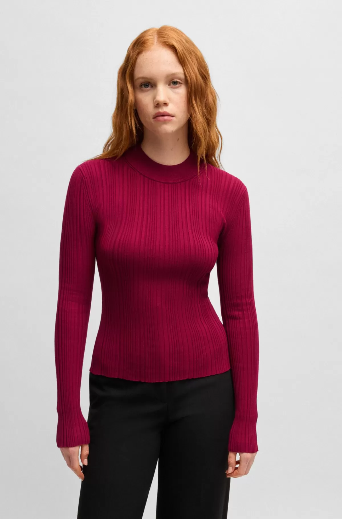 HUGO BOSS Sweater Med Slim Fit Og Ribstruktur Mørkerød Fashion
