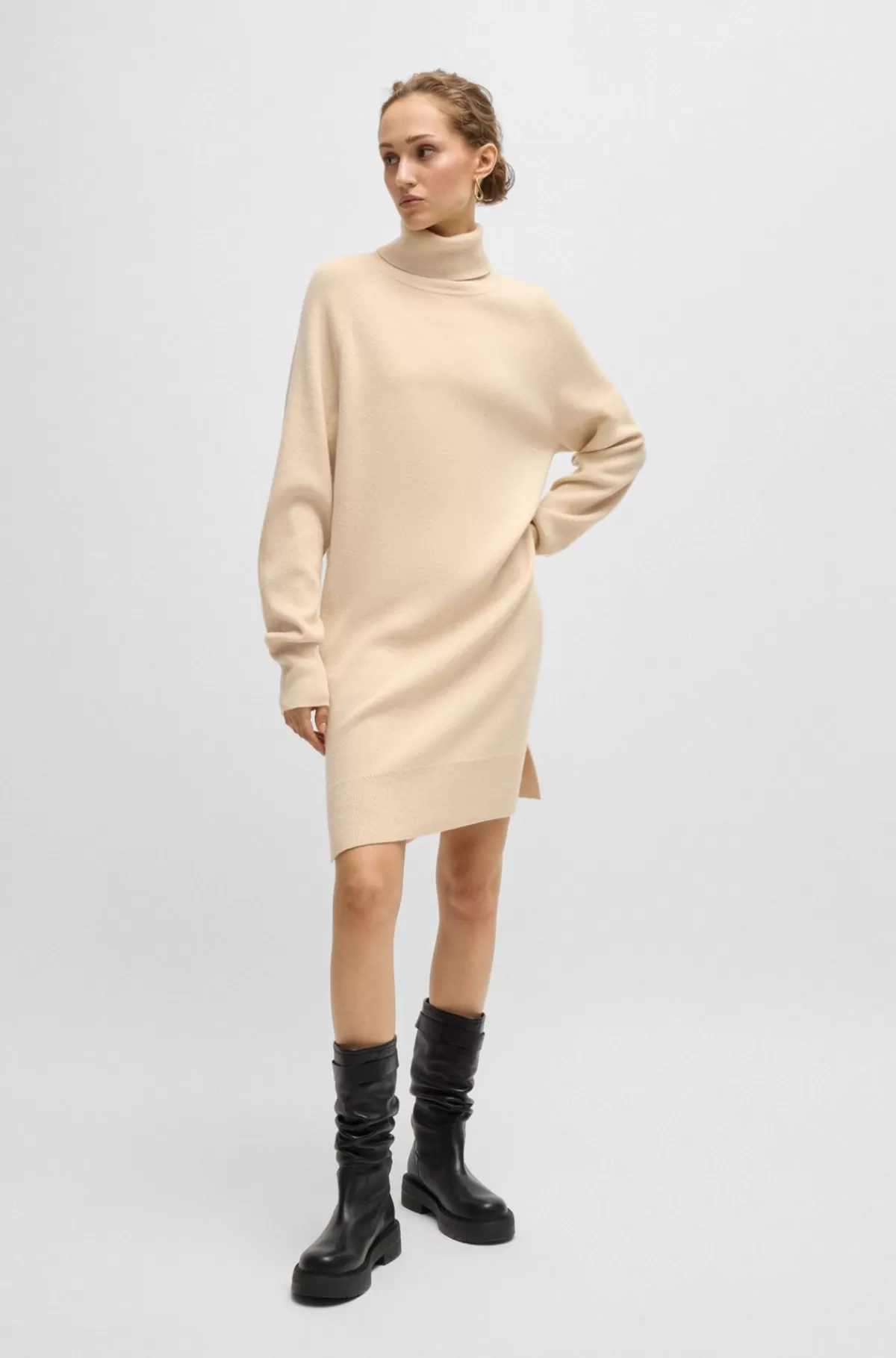 HUGO BOSS Sweaterkjole Med Rullekrave I Ny Uld Og Kashmir Lysegul Hot