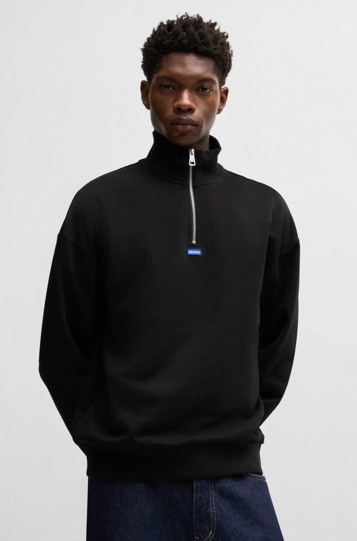 HUGO BOSS Sweatshirt I Bomuld Med Lynlåslukning Og Blåt Logo Sort Online