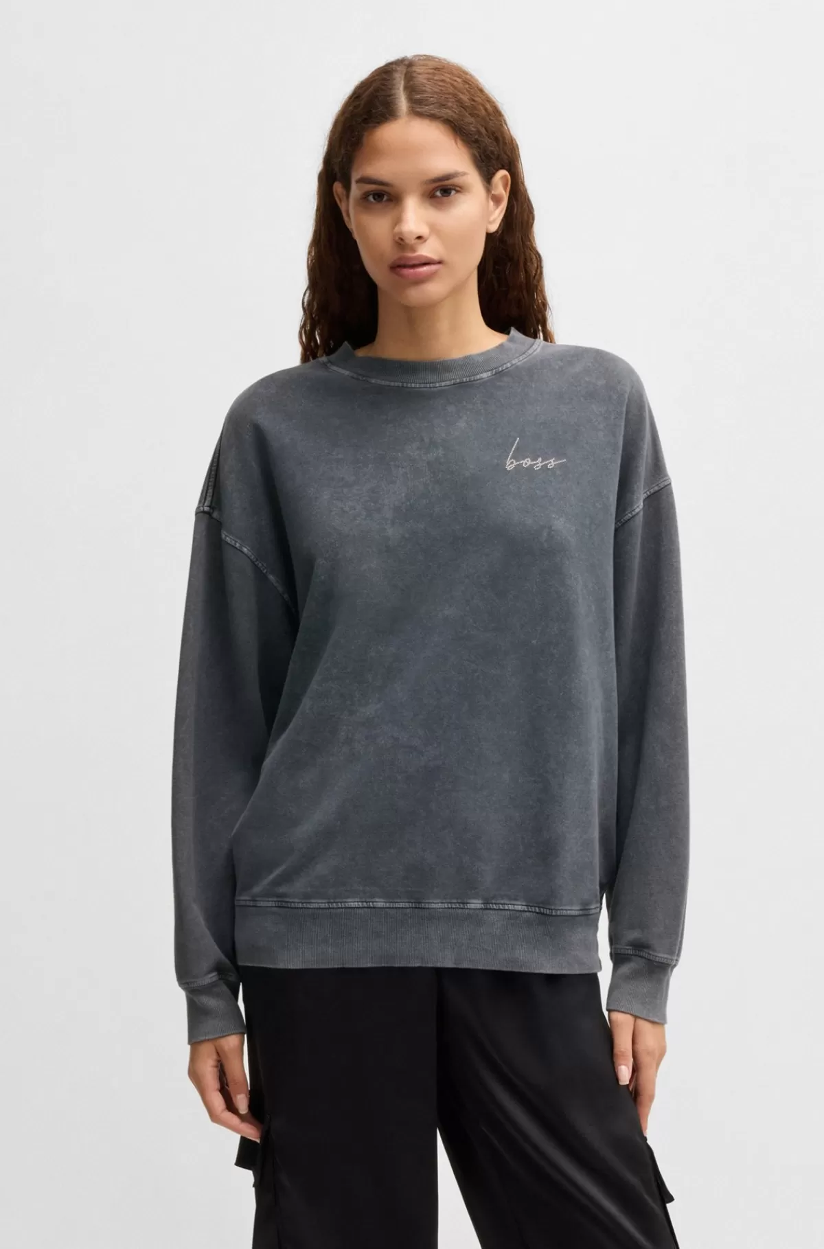 HUGO BOSS Sweatshirt I Bomuld Med Stræk Og Logodetaljer Mørkegrå Store