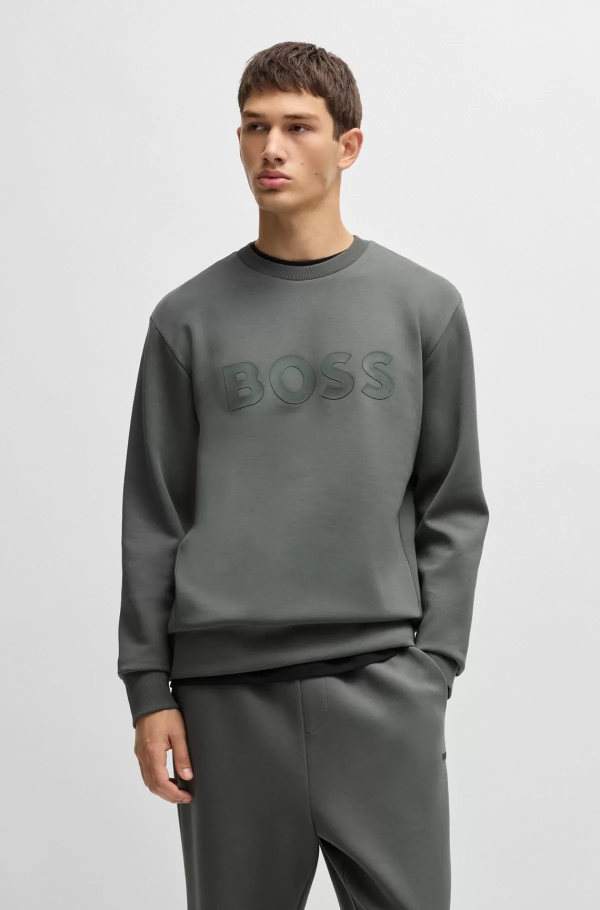 HUGO BOSS Sweatshirt I Bomuld Med Stræk Og Sandwichlogo Grå Clearance