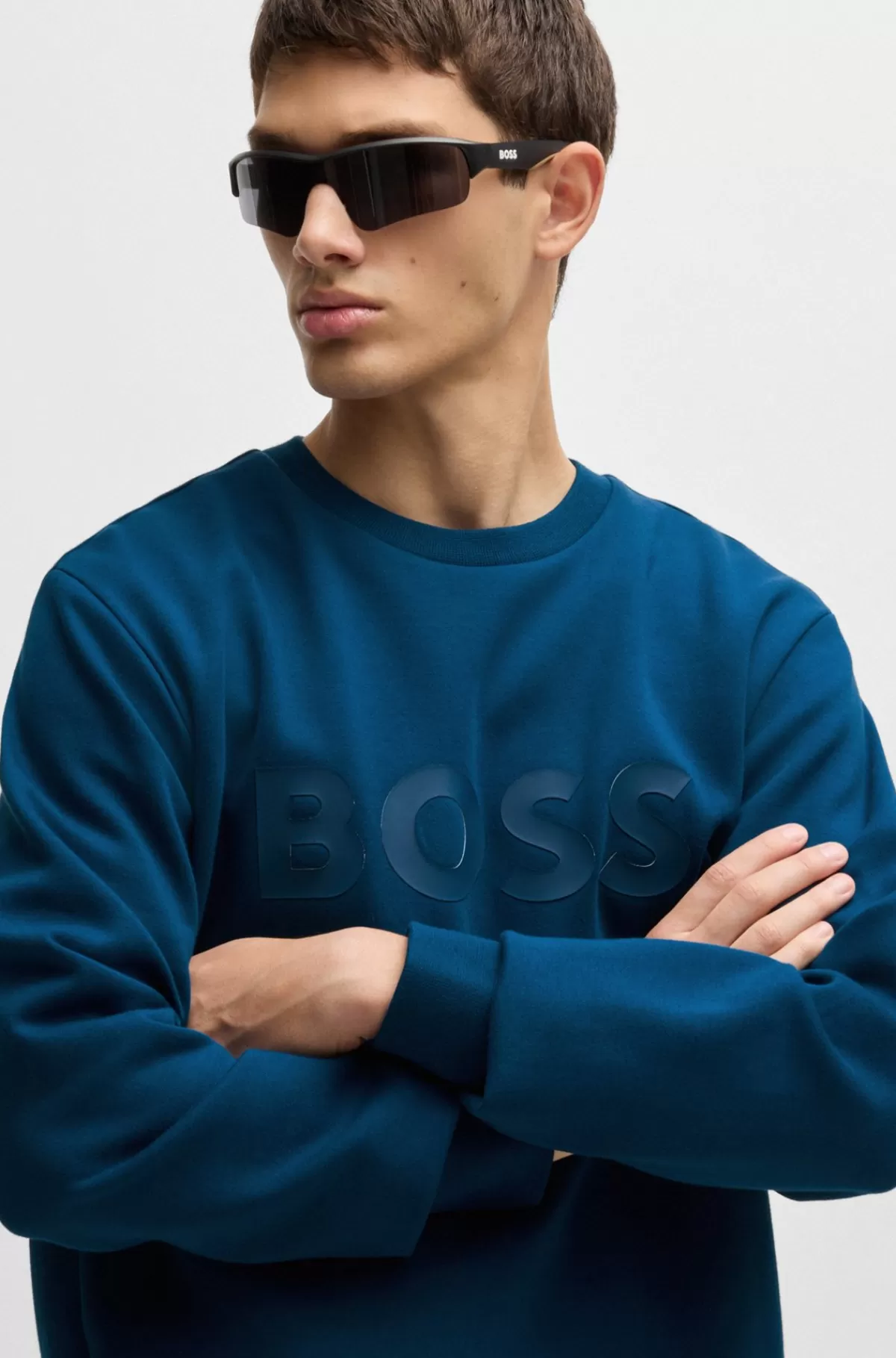 HUGO BOSS Sweatshirt I Bomuld Med Stræk Og Sandwichlogo Mørkeblå Shop