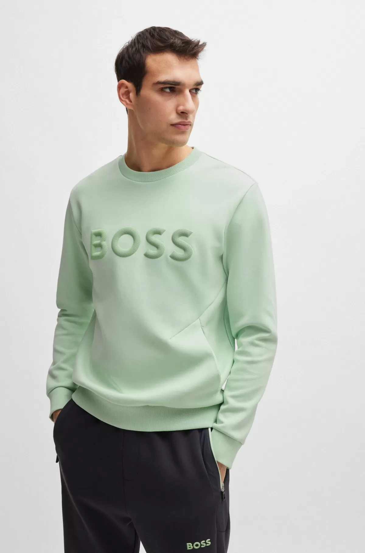 HUGO BOSS Sweatshirt I Bomuldsblanding Med 3D-formet Logo Lysegrøn Best Sale