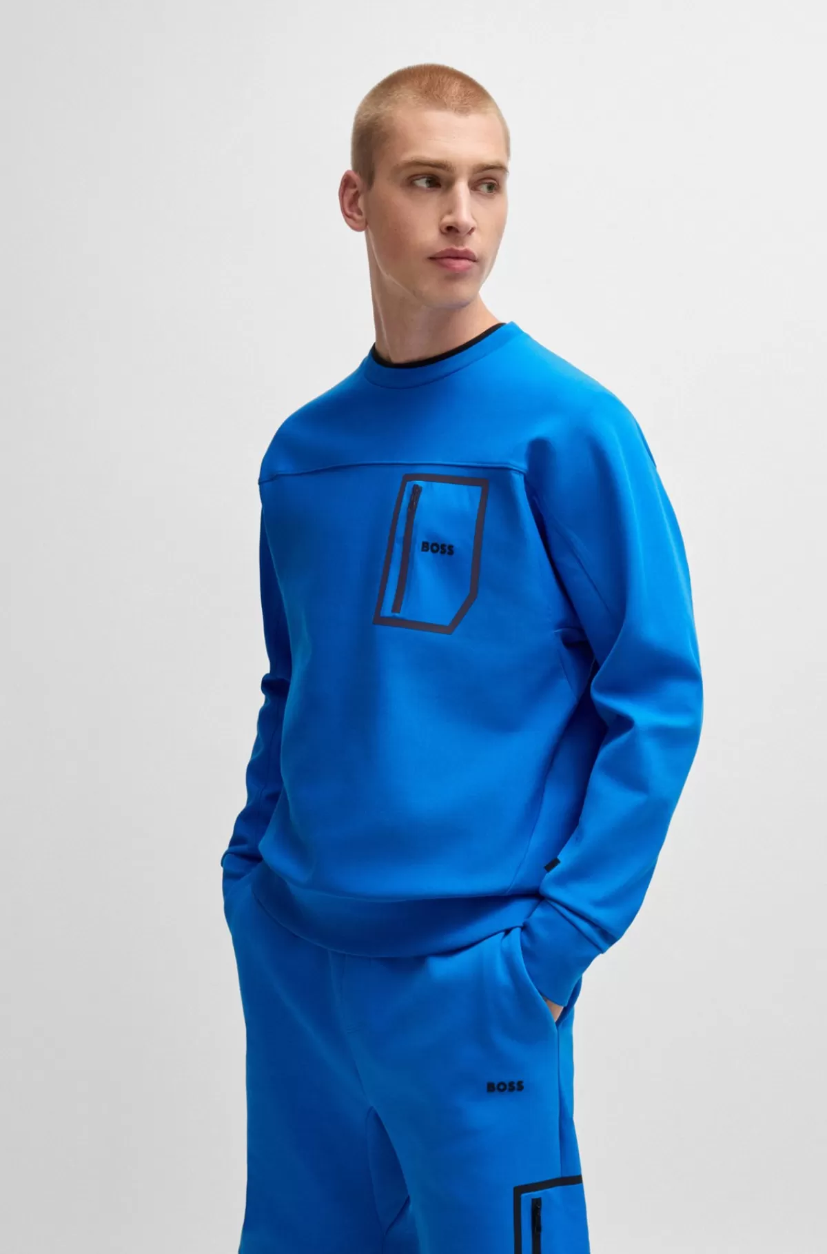 HUGO BOSS Sweatshirt I Bomuldsblanding Med Dekorativt Reflekterende Print Blå Best