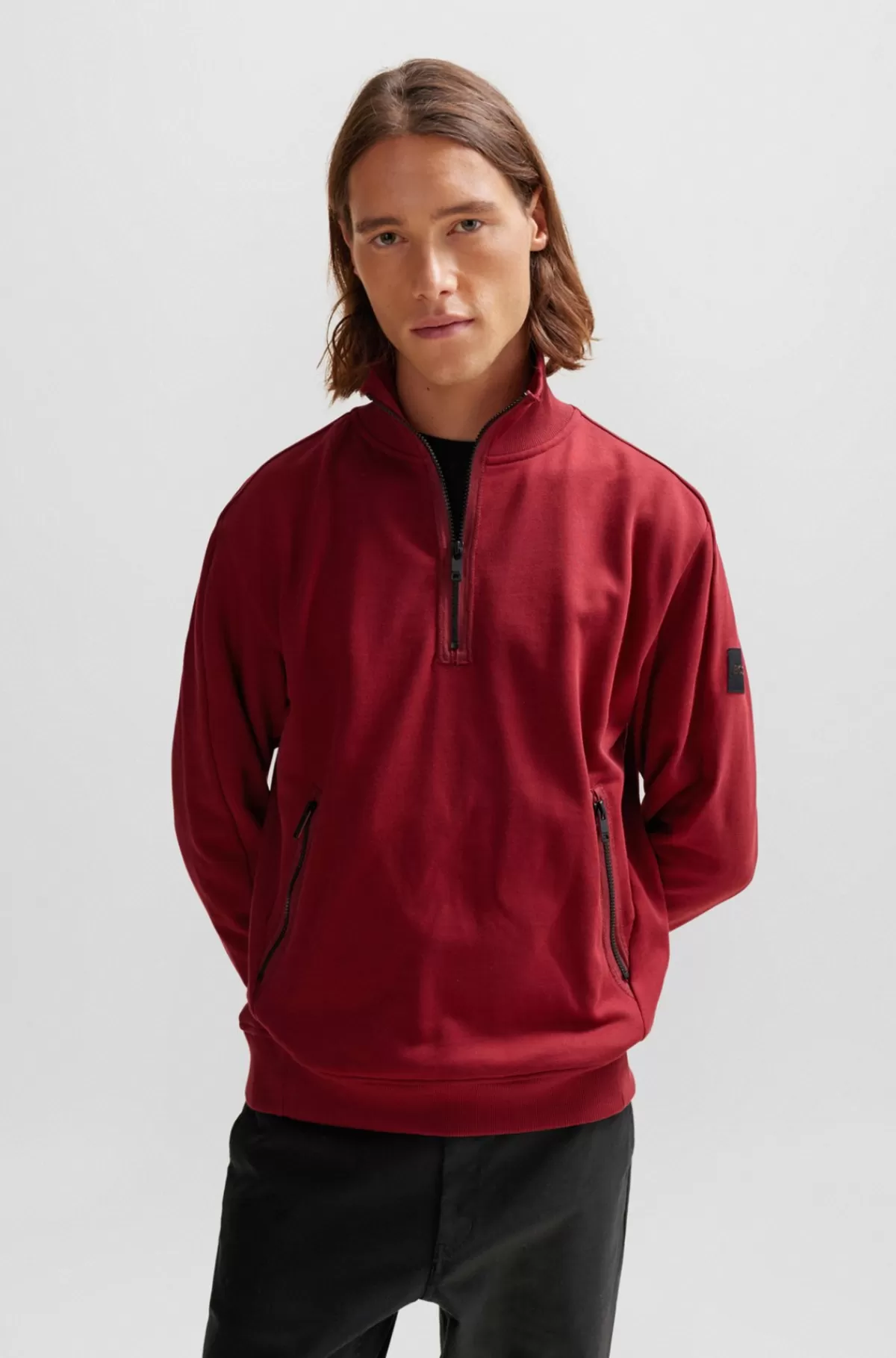 HUGO BOSS Sweatshirt I Bomuldsfrotté Med Lynlås I Halsen Og Logolap Rød Best