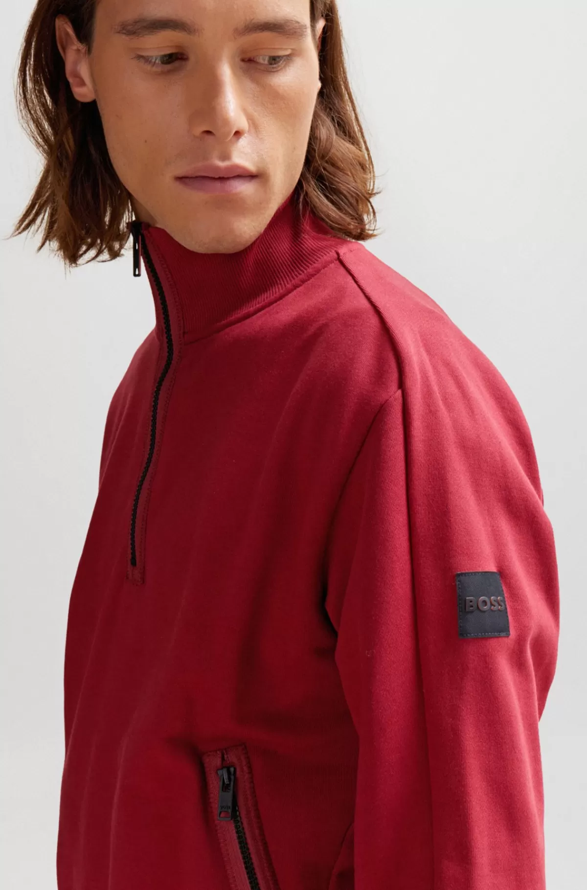 HUGO BOSS Sweatshirt I Bomuldsfrotté Med Lynlås I Halsen Og Logolap Rød Best