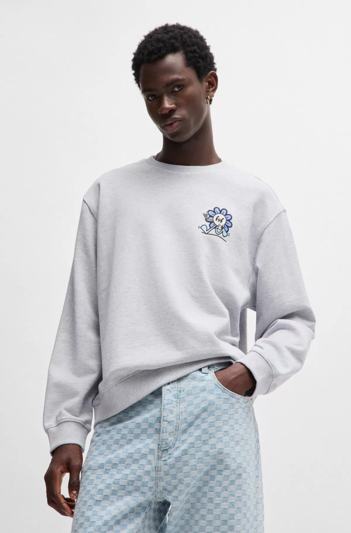 HUGO BOSS Sweatshirt I Bomuldsfrotté Med Sæsoninspireret Grafisk Print Lysegrå Cheap